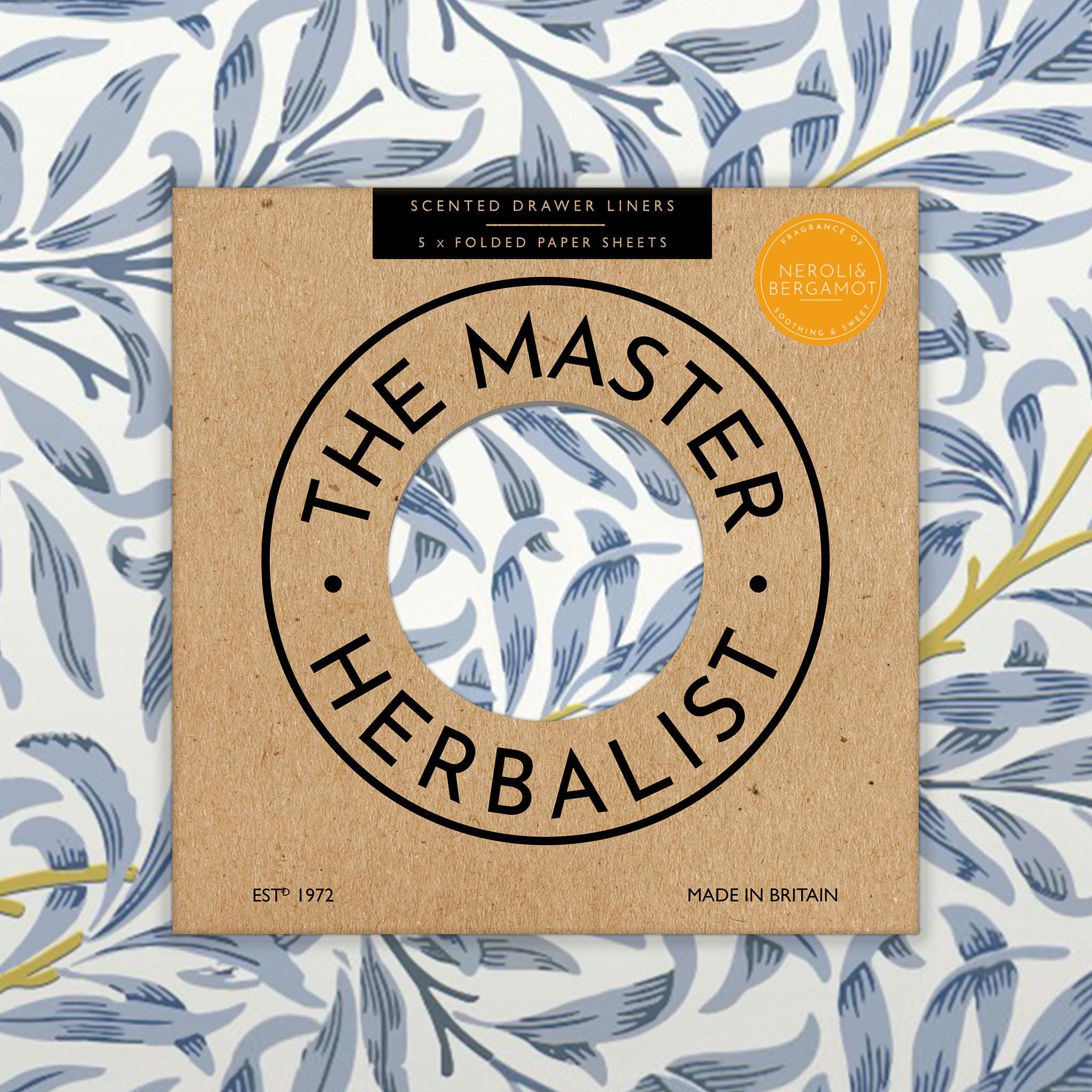The Master Herbalist William Morris Design Scented Drawer Liners (Folded) 5 Sheet Pack Contains Essential Oils Made in the UK (Neroli & Bergamot, Folded)