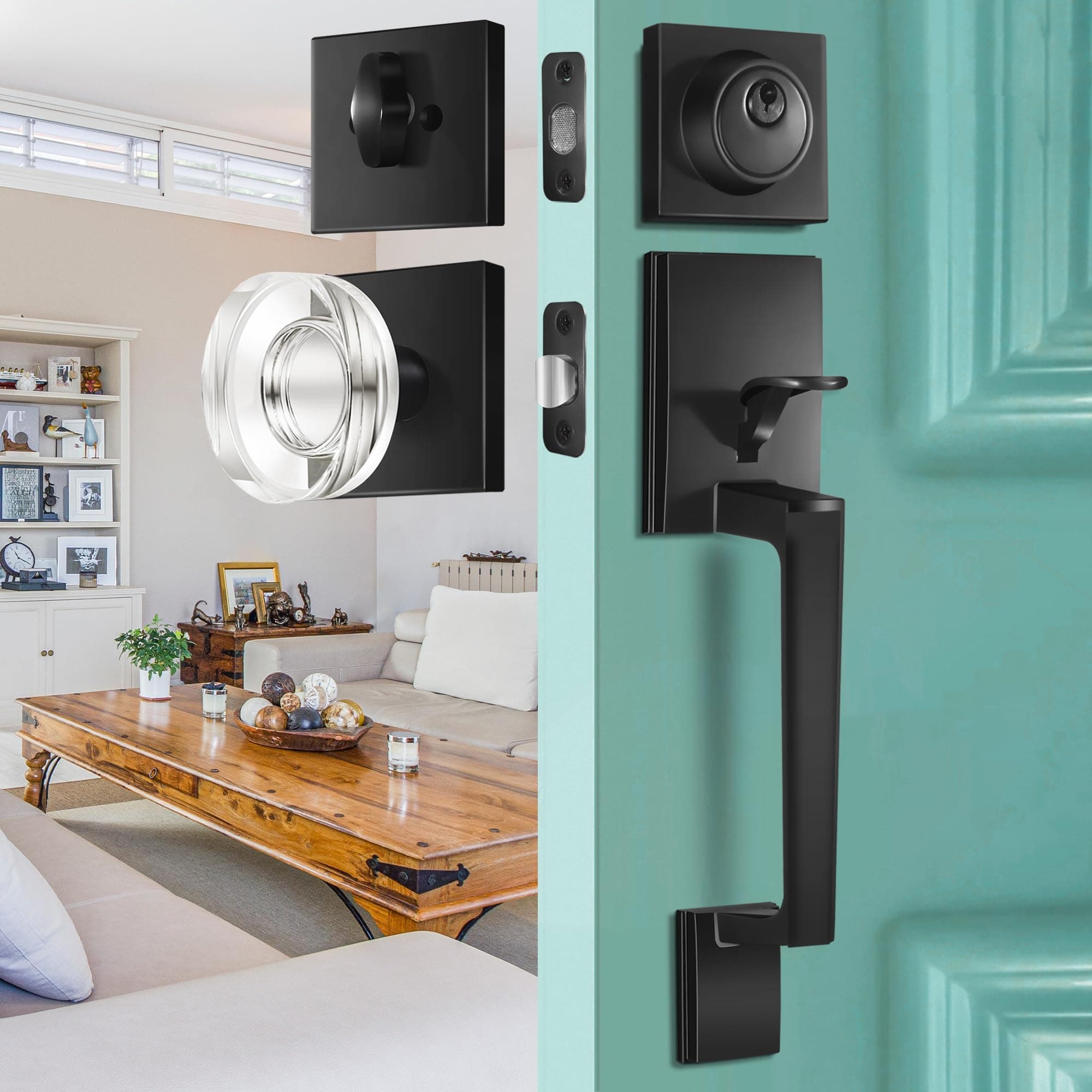 Black Front Door Handle and Single Cylinder Deadbolt Set, Front Door Lock Set with Glass Door Knobs