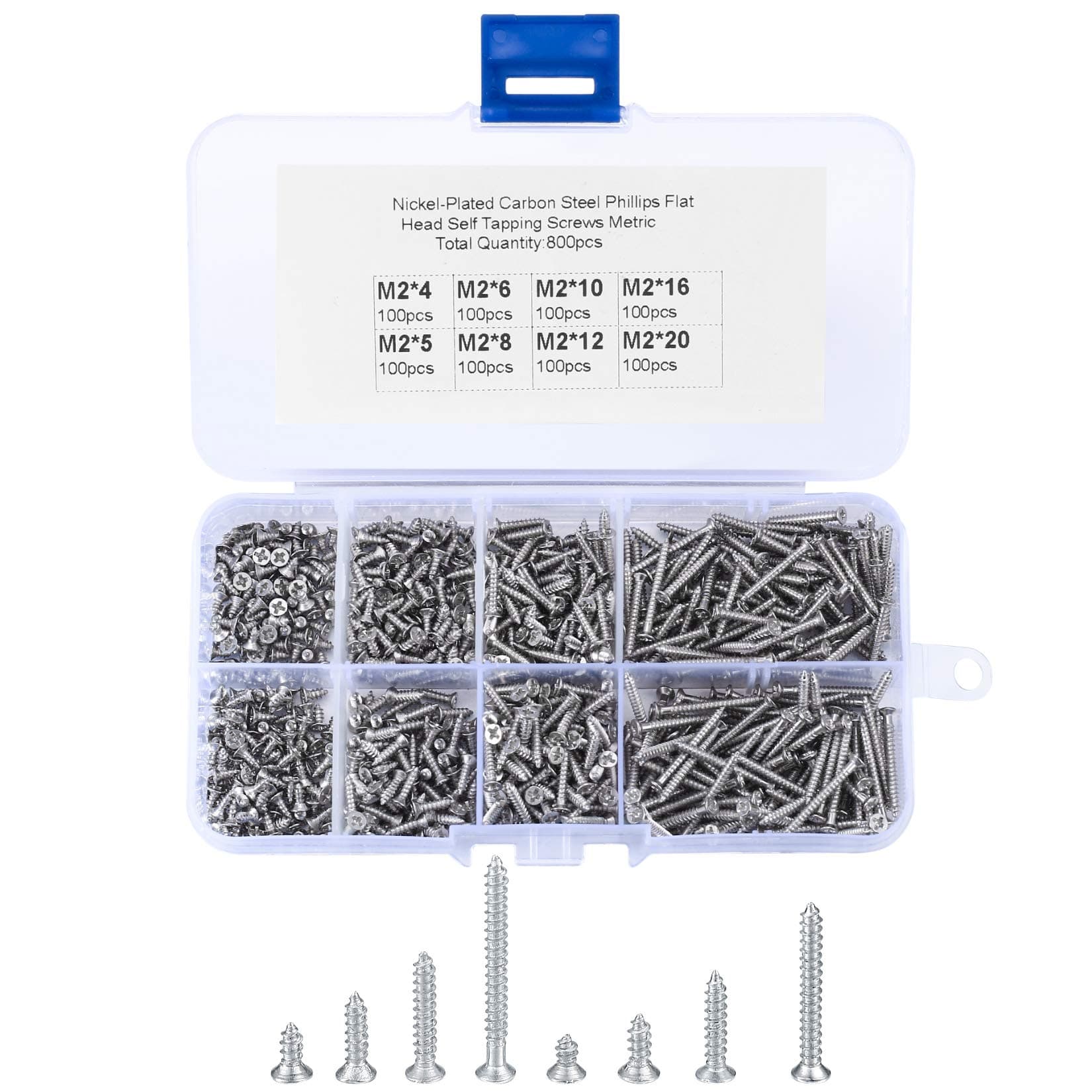 800 Pcs M2 Self Tapping Screws, Small Wood Decking Screw, Tiny Concrete Screws, Cross Drive Flat Head Fastening Screw with Plastic Box for Home DIY - 4/5/6/8/10/12/16/20 mm