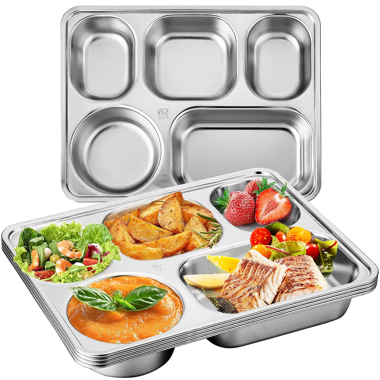 5 Pack Stainless Steel Rectangular Divided Dinner Tray Metal Dinner Plates Divided Plates for Adults Snack Food Portion Plates with Compartments Serving Plate Dividers for Food Control (5 Sections)