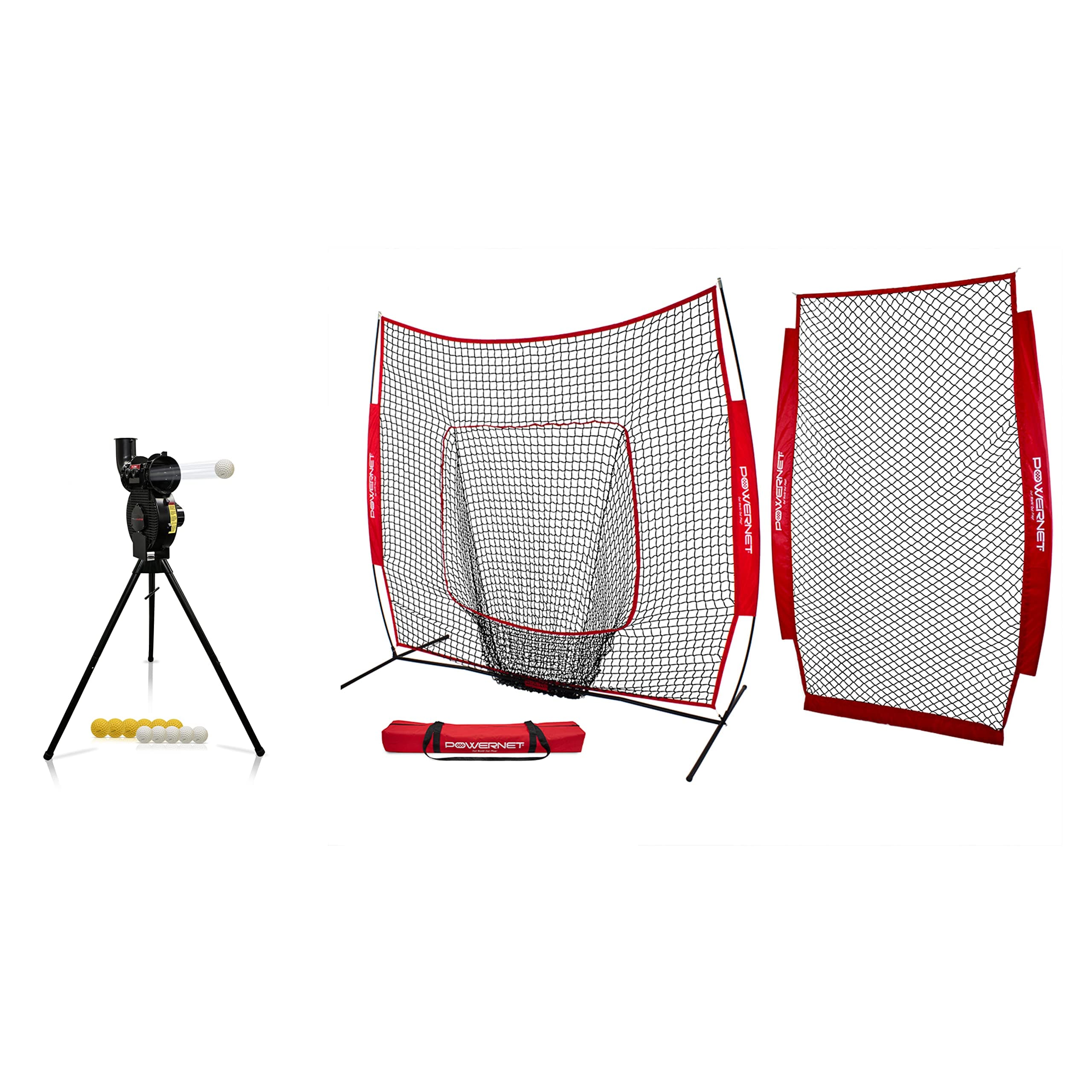 PowerNet Corbin Carroll Launch F-lite Baseball and Softball Pitching Machine, 7x7 Practice Hitting Net + I-Screen Bundle