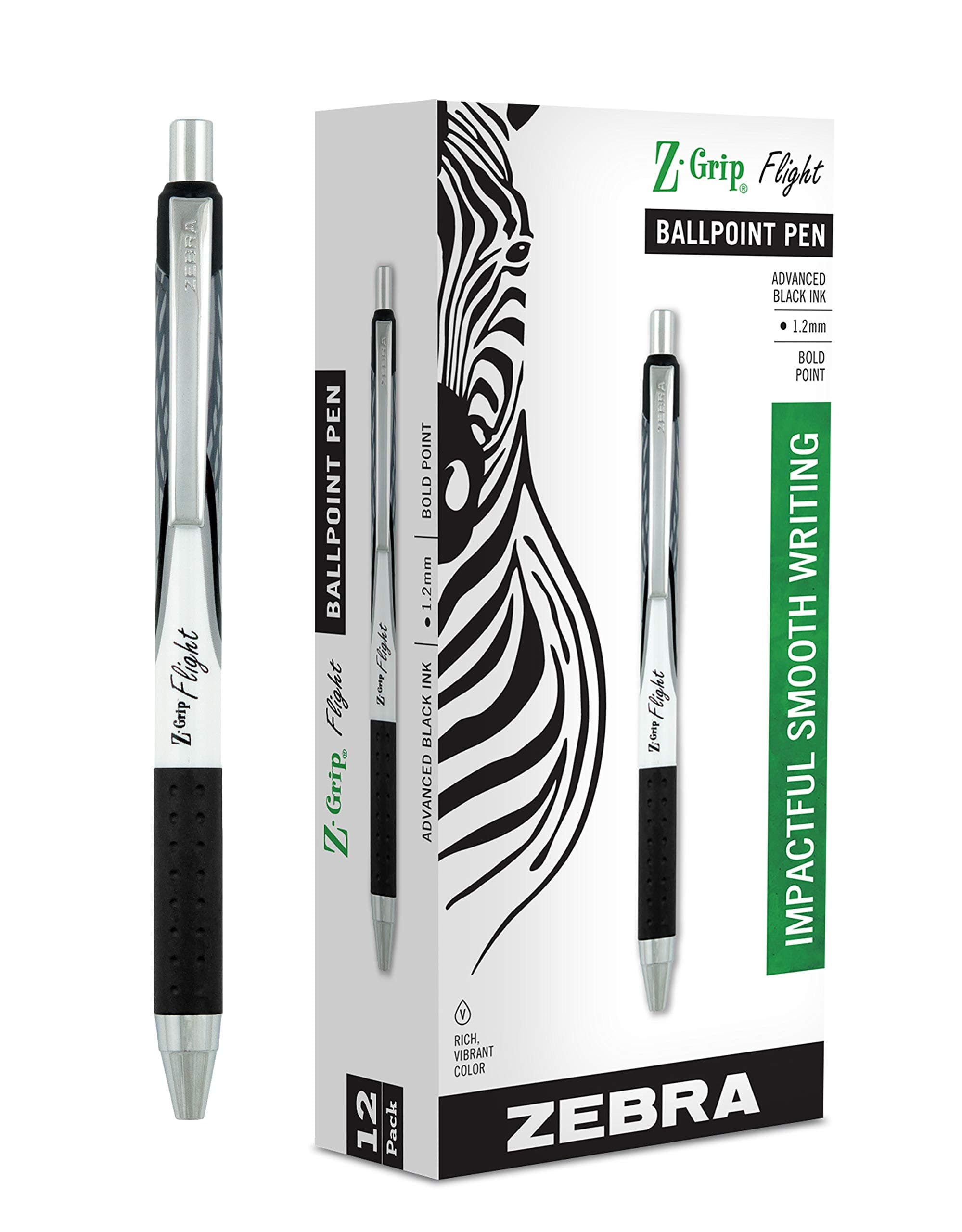 Zebra Pen Z-Grip Flight Retractable Ballpoint Pen, Bold Point 1.2mm, Black Ink, School Supplies, Teacher Supplies, and Office Supplies, Smooth Writing, Quick-Drying, 12-Pack (21910)
