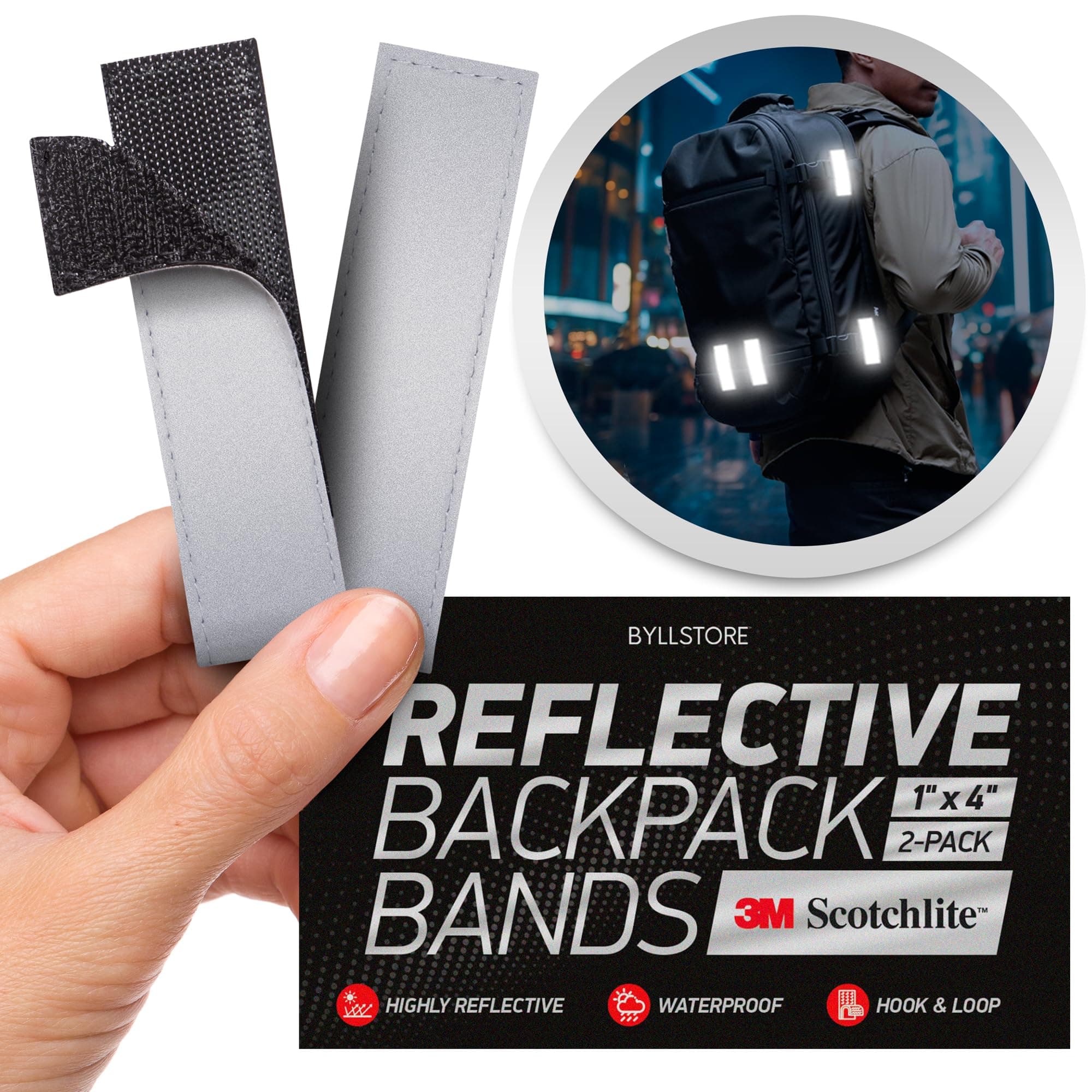 Reflective Backpack Bands | 3M Scotchlite Reflectors | Hook-and-Loop Closure | 1x4 & 1.5x5 in | 2-Pack (Silver)