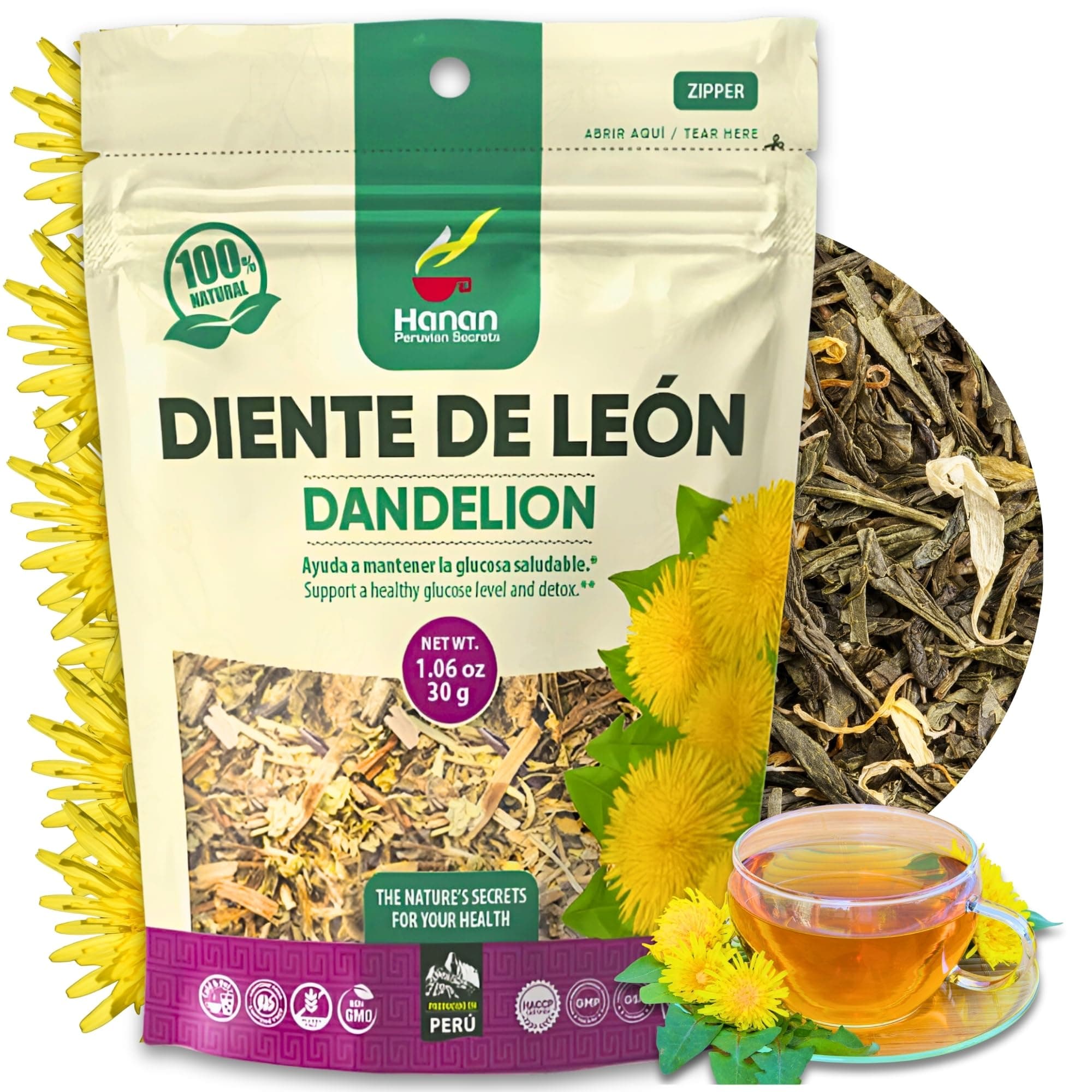 Hanan Dandelion Root Tea Loose Leaf – 100% Natural Diente de León Herbal Tea from Peru, Caffeine-Free Infusion for Digestive Support, Detox, Dried Leaves & Roots for Smooth Flavor, 1.06oz (30g)
