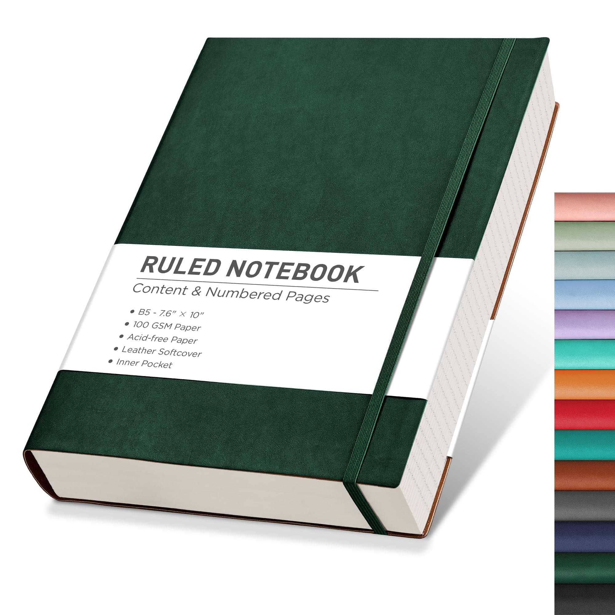 RETTACYJournaling Notebooks, B5 Lined Journal Notebook with 320 Numbered Pages, 7.6" × 10", Medium, Journal Notebook for Writing, Work, School, Leather Softcover, 100 GSM Thick Paper (Dark Green)