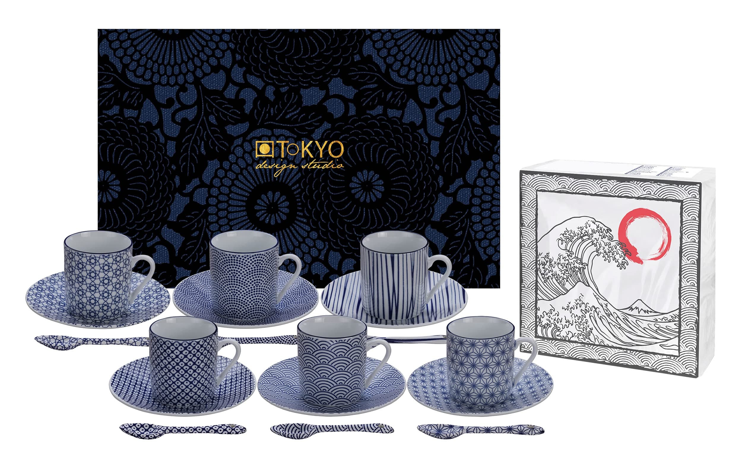 TOKYO design studio, Nippon Blue, Espresso Set blue-white, 18 pcs., 6x espresso cups with saucers and spoons, Asian porcelain, Japanese design, incl. gift packaging
