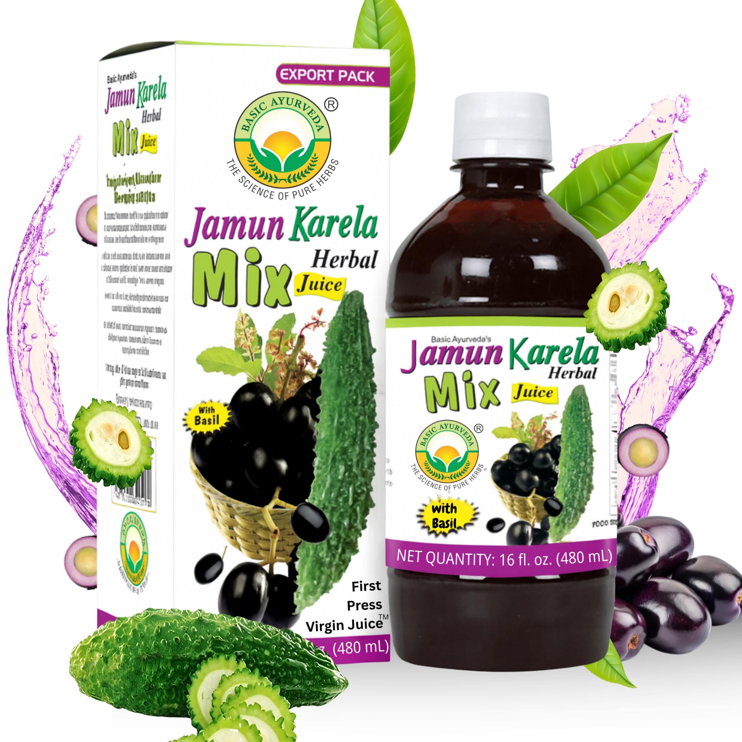 BASIC AYURVEDA Jamun Karela Herbal Mix Juice with Holy Basil | 16.23 Fl Oz (480ml) | Natural Indian Black Berry & Bitter Gourd Juice | Plant-Based Ayurvedic Wellness Drink | No Added Sugar