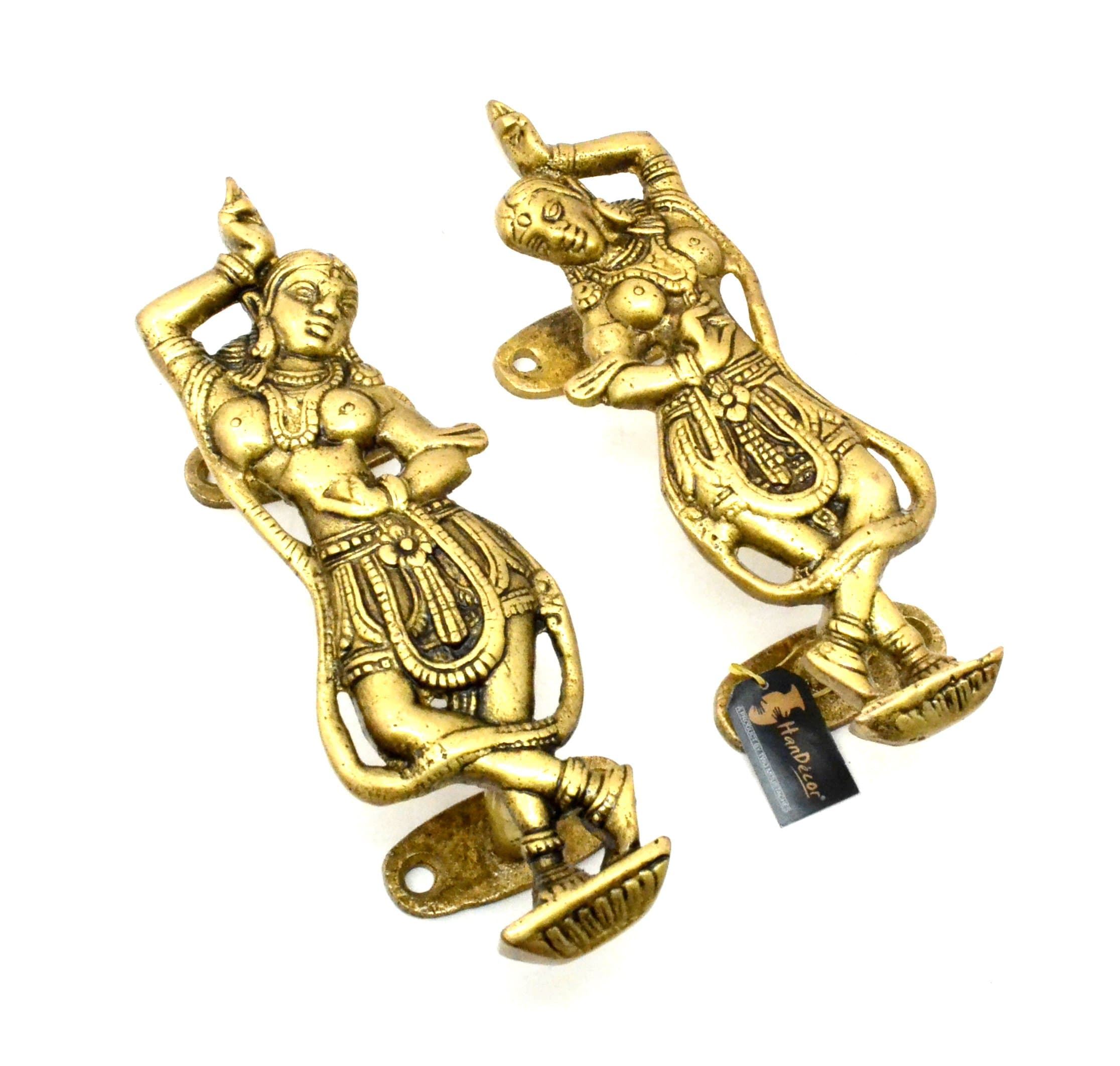 Two Moustaches Ethnic Dancing Apsara Brass Door Handle Set, Brass Handles for Home & Pooja Decor, Door Handle for Mandir, Door Pulls, Door Handleset, Standard, Antique Yellow, Pack of 2