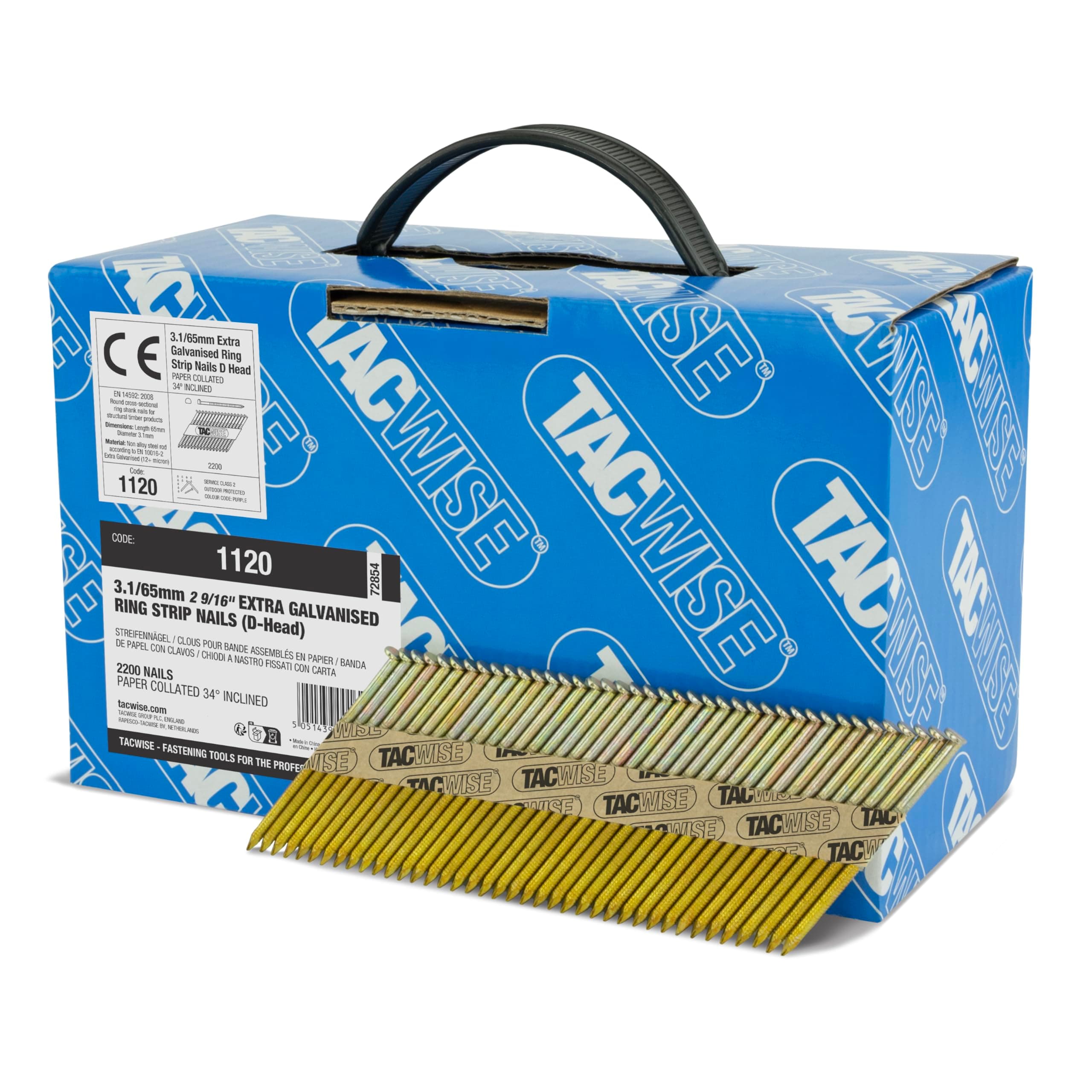 Tacwise 1120 3.1 / 65 mm Extra Galvanised Framing Nails, D Head, Ring Shank, 34° Inclined, Paper Collated, Pack of 2,200