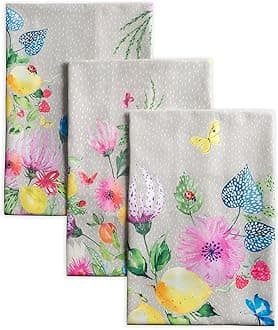 Maison d' Hermine Kitchen Towels Set of 3 100% Cotton 27.50" x 20" Reusable Cloth Tea Dish Towels Absorbent with Hanging Loop for Kitchen Gifts for Mothers Day Spring/Summer (Jardin D'Ete - Fog)