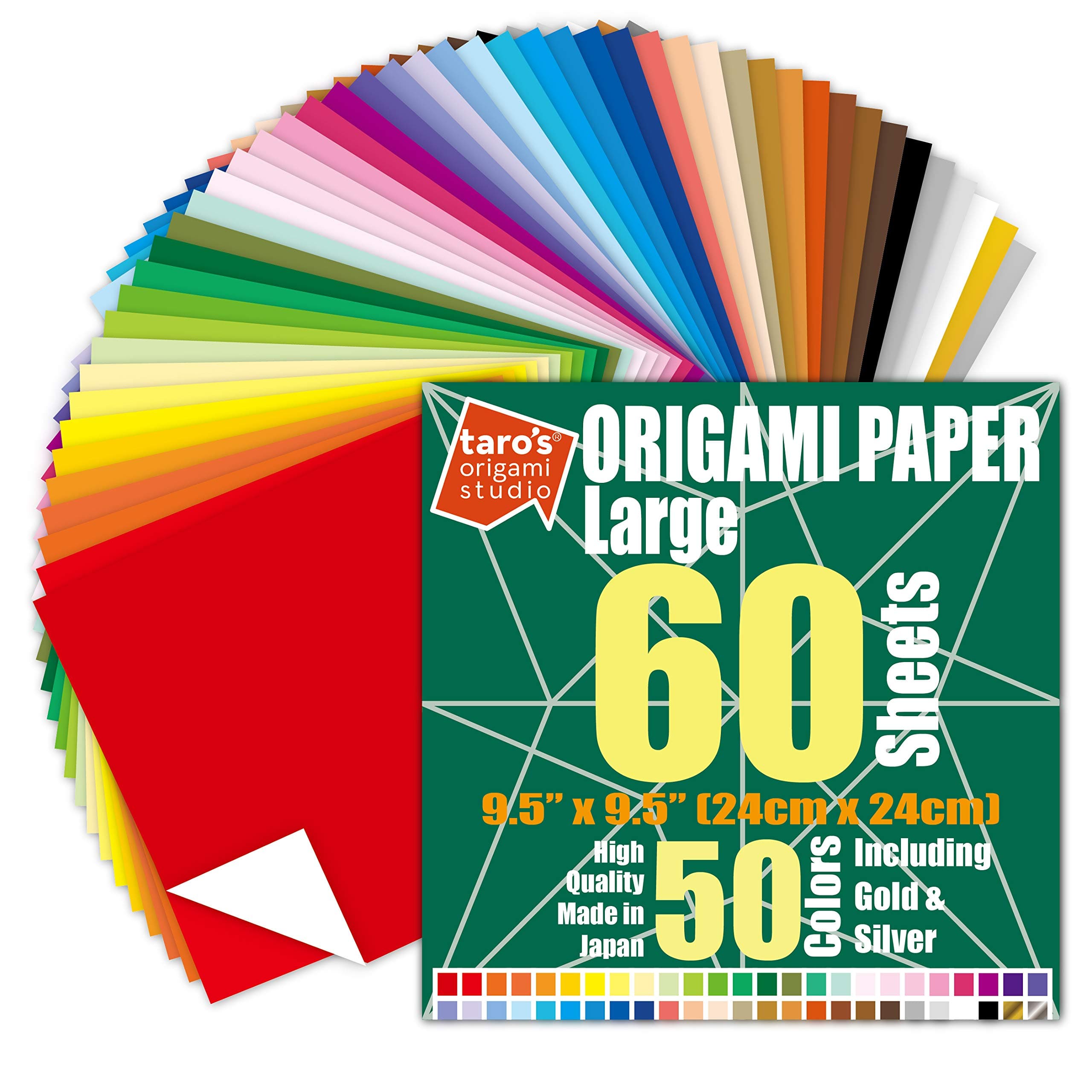 [Taro's Origami Studio] Large 9.5 Inch One Sided 50 Colors 60 Sheets Square Easy Fold Premium Japanese Paper for Beginner (Gold and Silver Included)