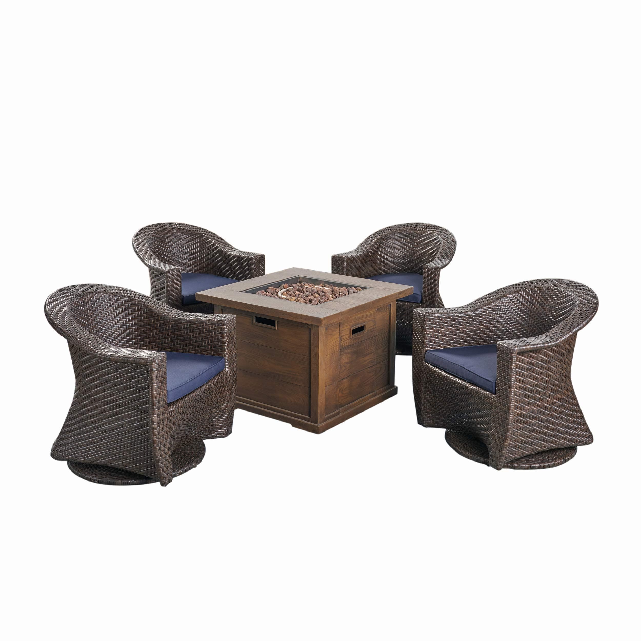 GDFStudio Patio Fire Pit Set, 4-Seater with Wicker Swivel Chairs, Multi-Brown, Navy Blue, Brown with Wood Design