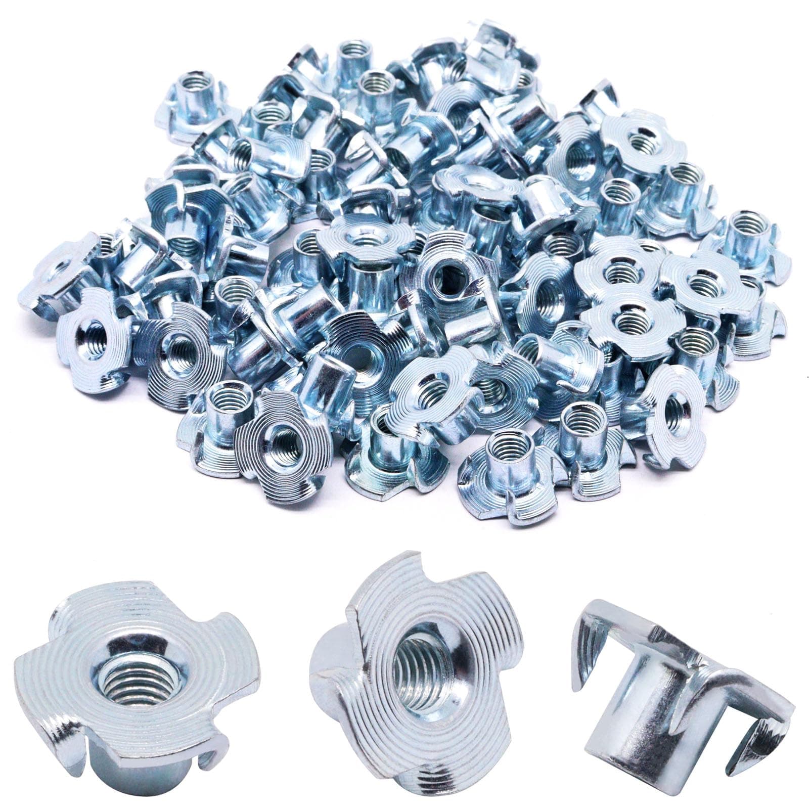 YuGtcen 70pcs M5x0.8mm T Nuts, 4 Prong Threaded Inserts T Nut, Four-Jaw Tee Blind Nuts Carbon Steel Zinc Plated Carbon Steel Zinc Plated for Climbing Holds Wood Rock Plywood Furniture