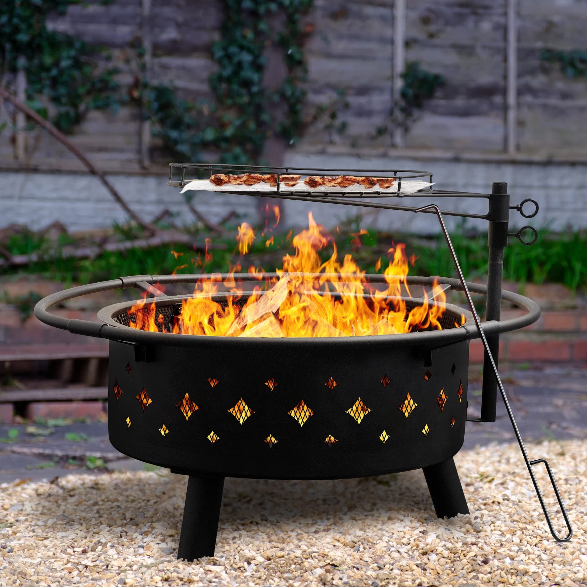 Fire Pits for Outside, Wood Fire Pits, Bonfire Pit, 30 Inch Round Cast Iron Fire Pit with Grill for Patio, Backyard with Spark Screen, Fire Poker and Metal Grate, Diamond Cutout Pattern