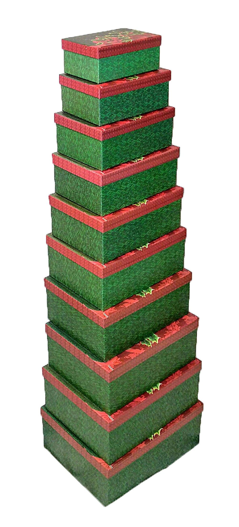 Holiday Nesting 10 Gift Box Set; 3 Different Designs – Christmas Tree, Holly, Penguin (Holly)