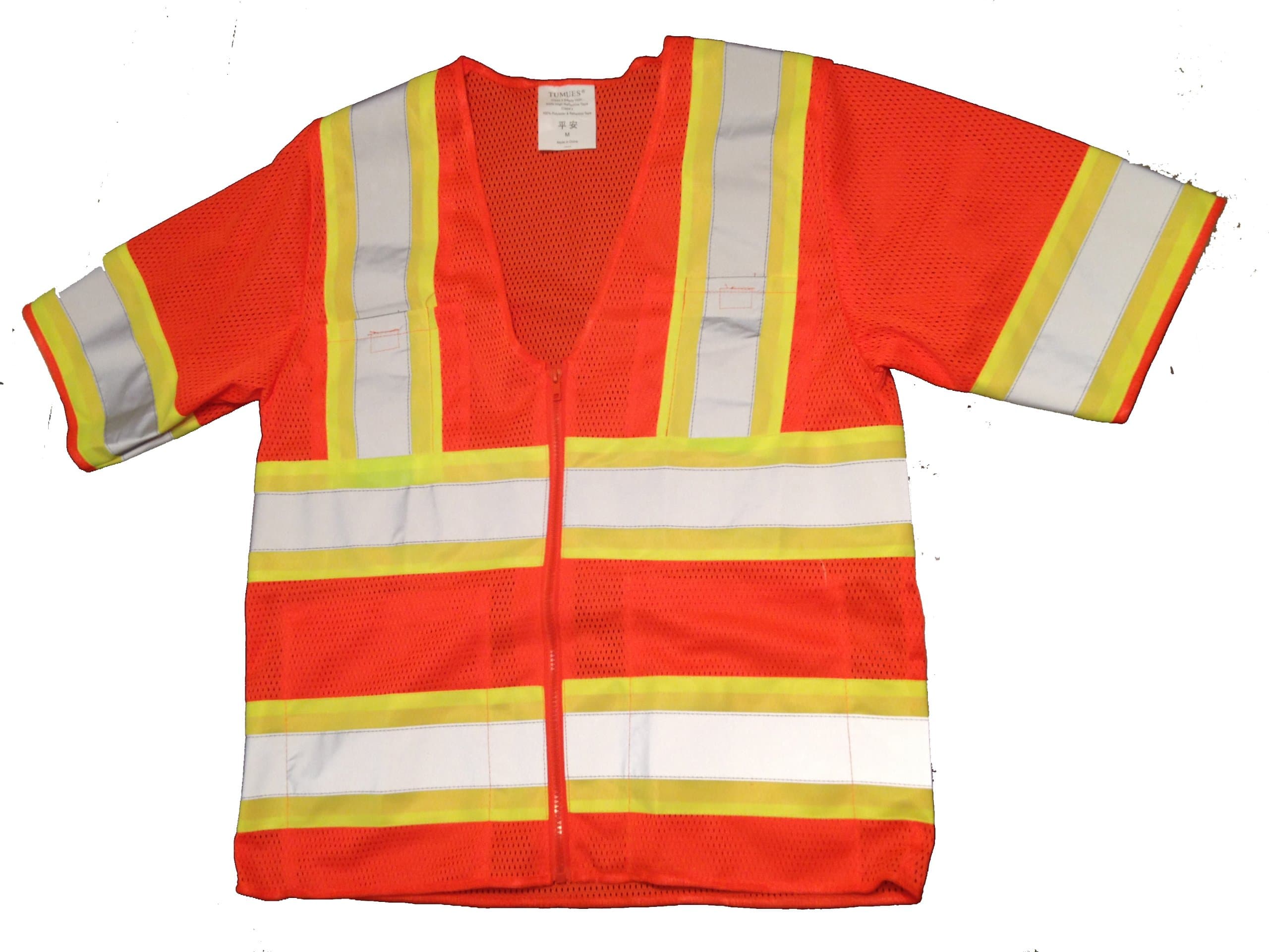 Polyester Mesh ANSI Class 3 Safety Vest with Short Sleeves 4 Pockets Reflective Tape Orange Medium