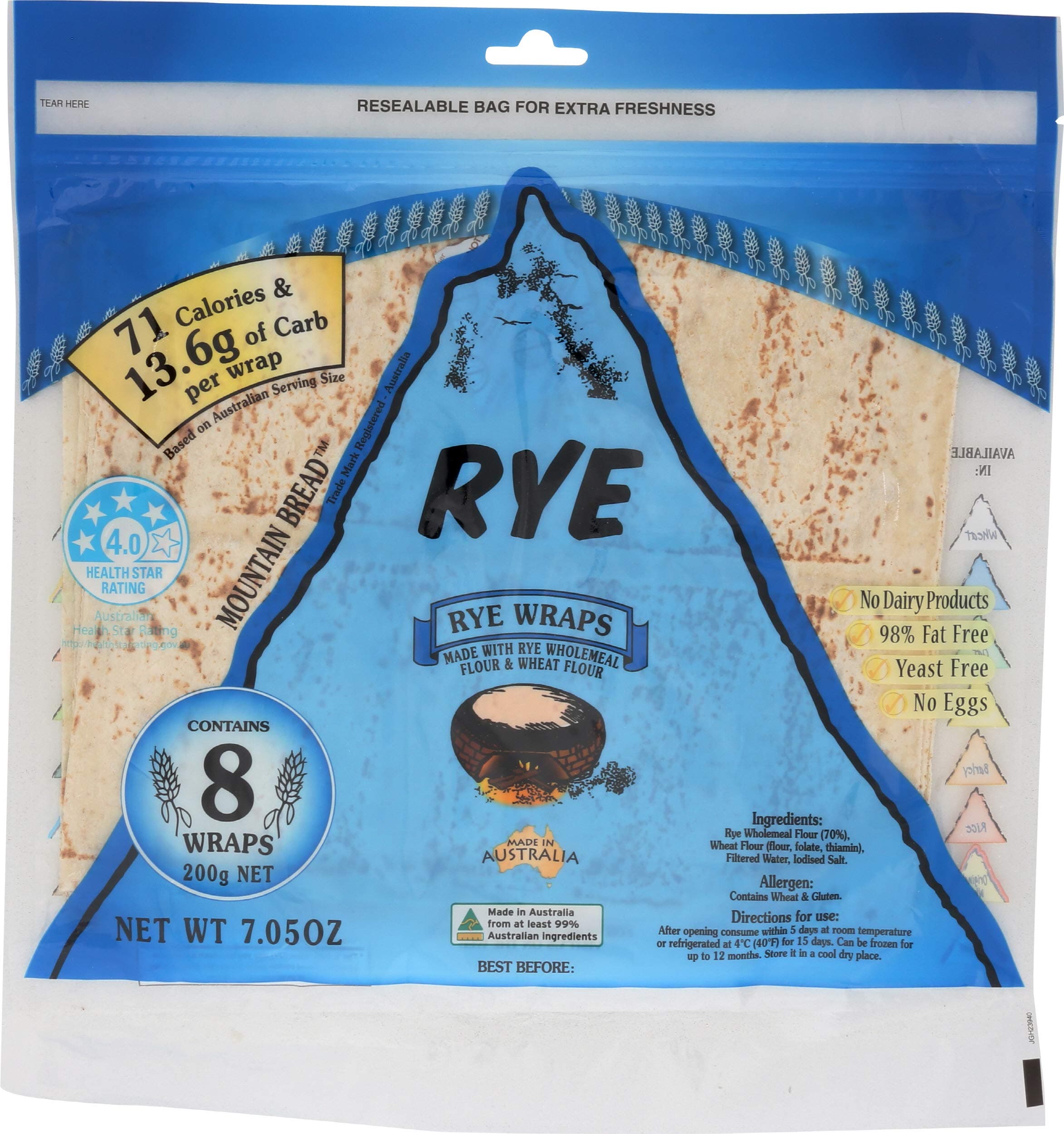 Mountain Bread Light Rye Wraps 200 g (Pack of 3)