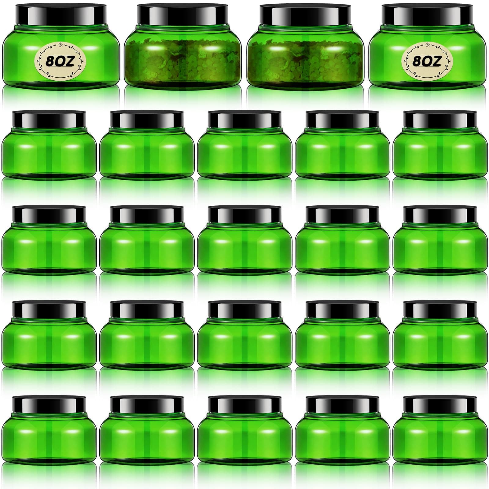Tessco for you 24 Pack Plastic Jars with Lids Labels Multiuse Slime Containers Empty Body Scrub Jars Round Refillable Cosmetic Body Butter Containers for Makeup Travel Storage(8 oz,Green, Black)
