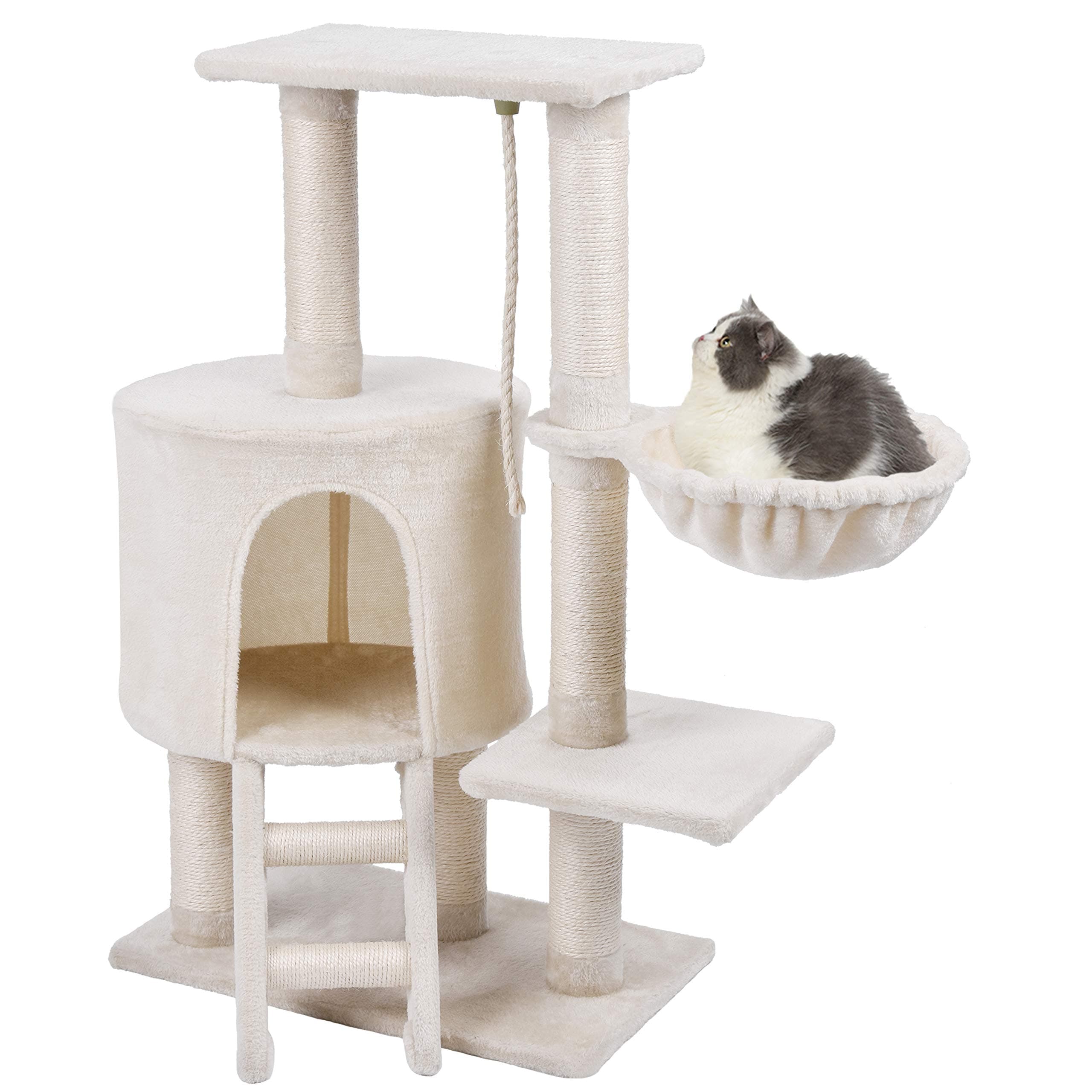 WELLHOME Cat Tower Cat Tree Activity Centre Sisal Covered Cat Scratch Post with Hammock and Perches Platform 96cm Beige