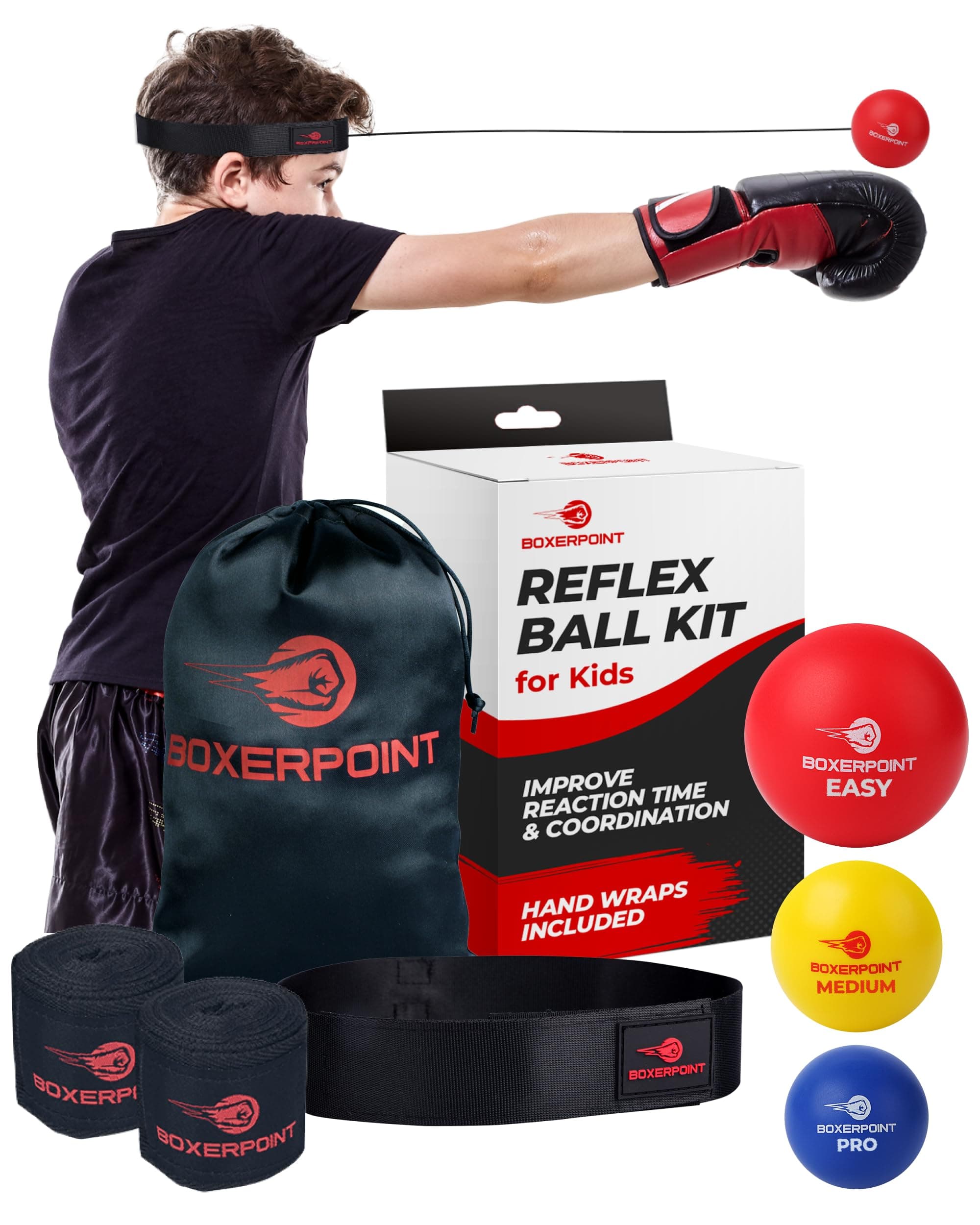 Boxing Reflex Ball for Adults and Kids - React Reflex Balls on String with Headband, Carry Bag and Hand Wraps - Improve Hand Eye Coordination, Punching Speed, Fight Reaction