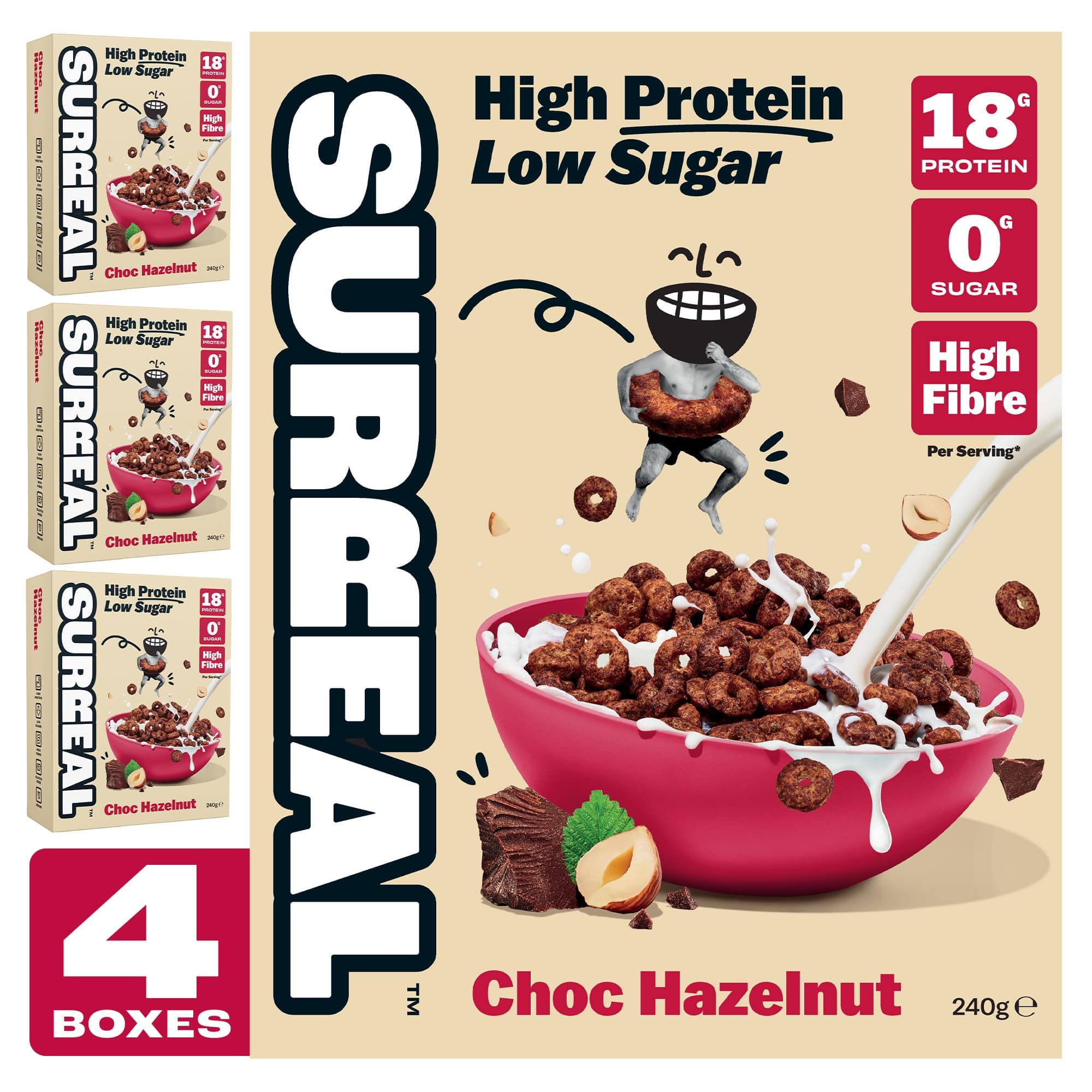 – Surreal Choc Hazelnut - High Protein Cereal - Zero Sugar- Healthy Plant Based Cereal - High in Fibre - Low Carb - Gluten Free - Vegan - 18g of Protein, 0g of Sugar - 240g per Box - 4 Pack