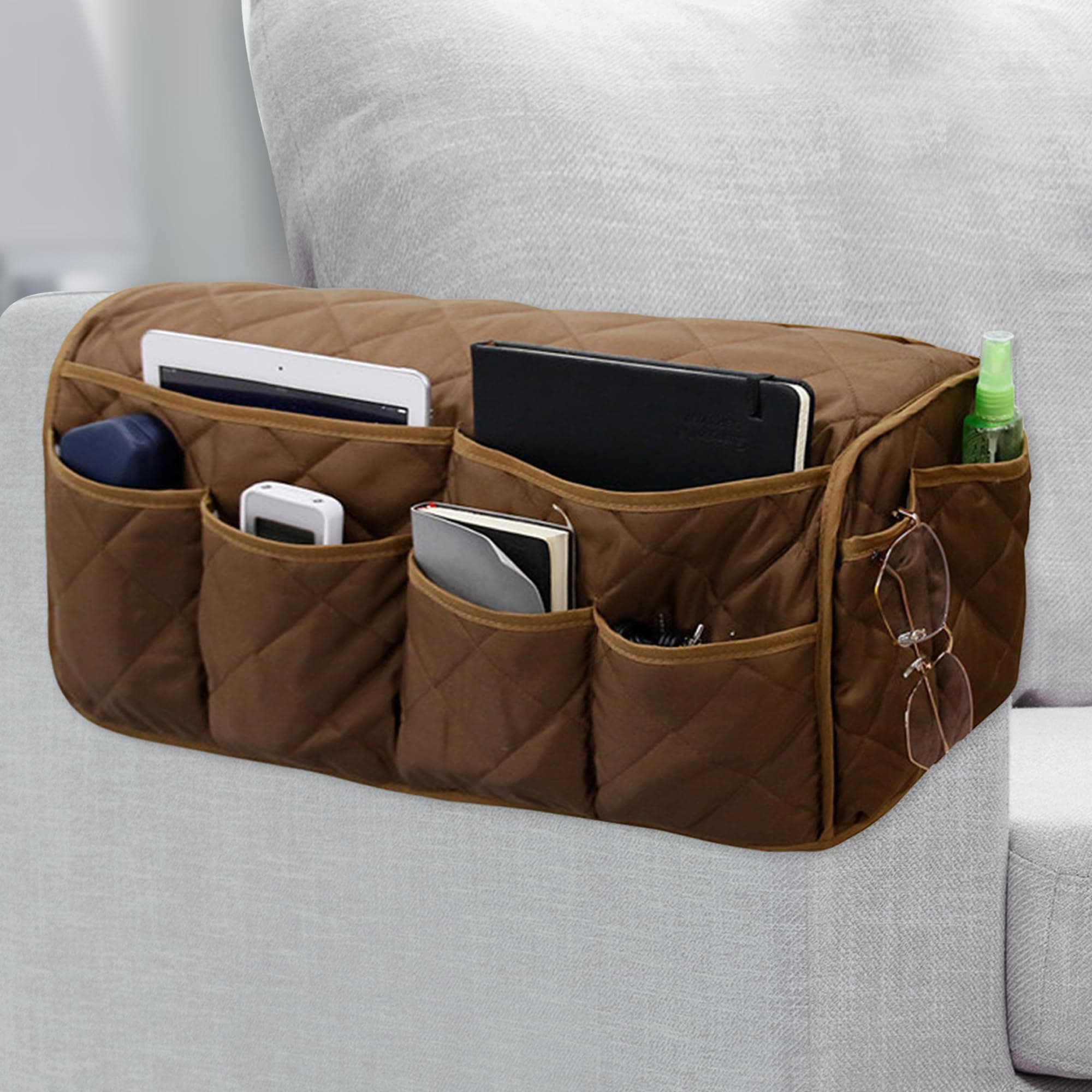 AmaCielo Sofa Armrest Organizer,Couch Remote Control Holder with 14 Pockets Waterproof Non Slip Recliner Organizer for TV Remotes Caddy, Book, Magazines, Ipad(Brown)