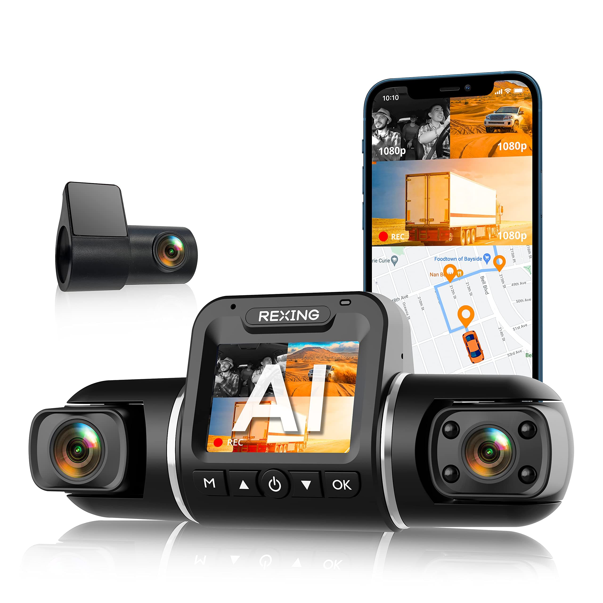 - V2 PRO AI Dash Cam 3-Channel Front/Cabin/Rear 1080p Recording with Mobile App Night Vision Camera w/Front Collision Warning, Pedestrian Alert, Lane Departure Warning,Clear to Go Alert