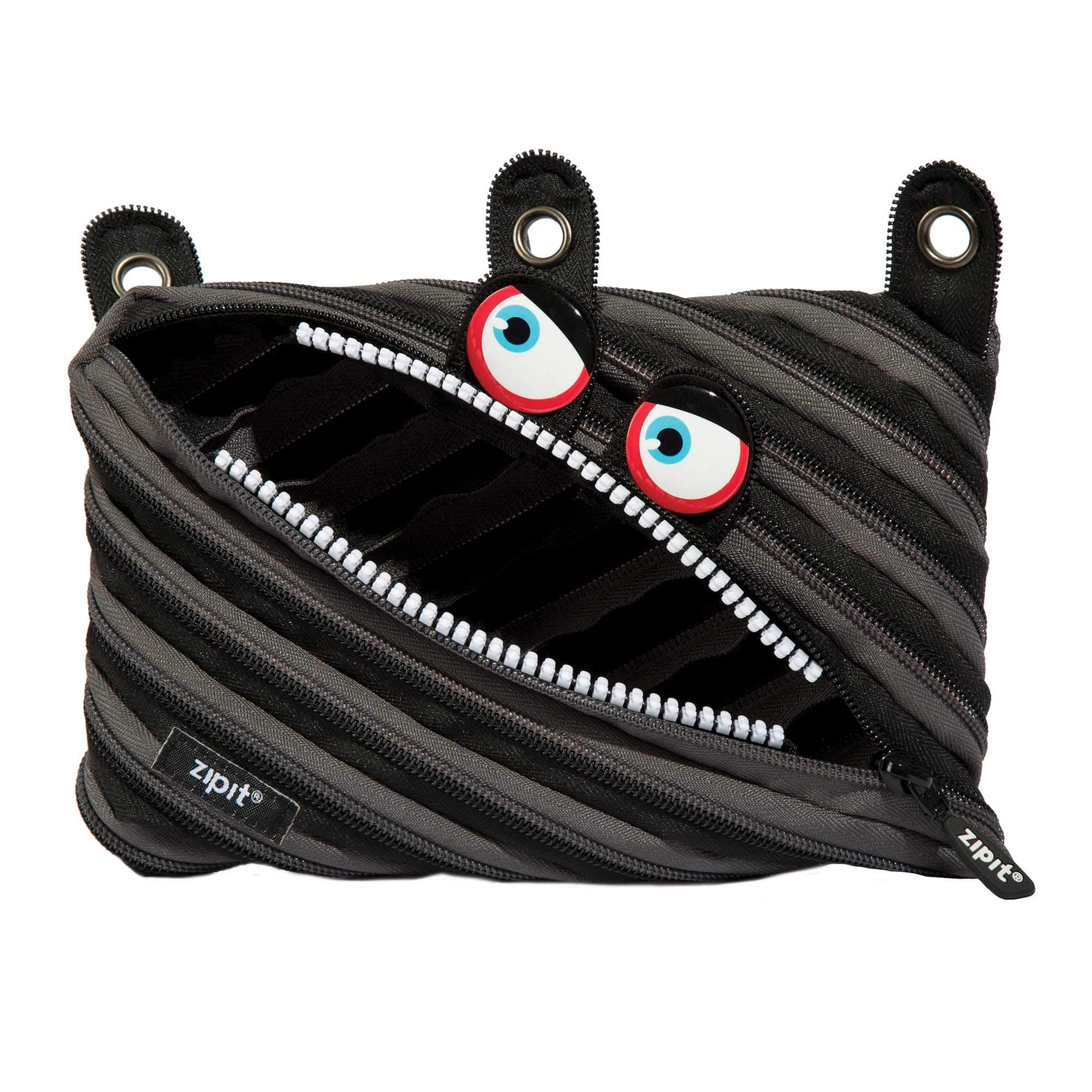 ZIPIT Wildlings 3-Ring Binder Pencil Pouch, Large Capacity Pen Case for Kids and Teens, Made of One Long Zipper! (Black)