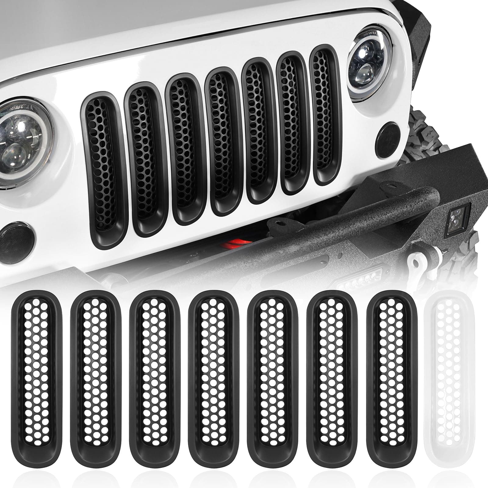 Hooke Road Matte Black Grill Inserts Front Mesh Grille Cover for 2007-2015 Jeep JK Wrangler & Unlimited Wrangler Accessories (7PCS Black + 1PCS White)