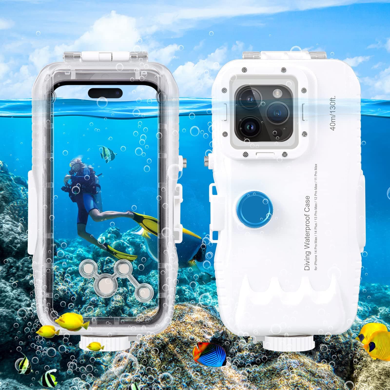 MAKINGTEC for iPhone 14 Plus & 14/13 / 12/11 Pro Max Diving Case,40m/130ft One-Way Valve Professional Underwater Waterproof Case Swimming Snorkeling Surfing Underwater Photo Video Housing (White)