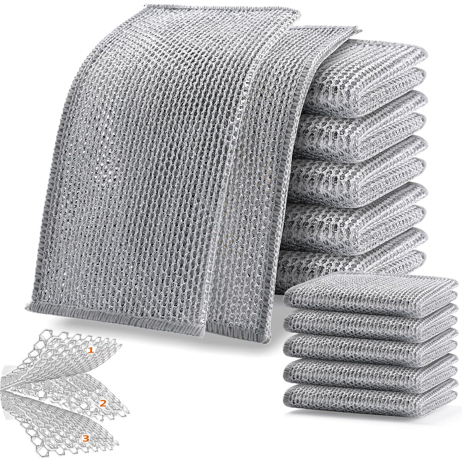 10Pack Reusable Wire Dishcloth, Micro Mesh Cleaning Cloth, Dish Scrubber Towels, Non-Scratch Kitchen Cleaning Dishwashing Rags Rich Lather For Pan, Stove,Pot, Bowl, Kitchen Grime