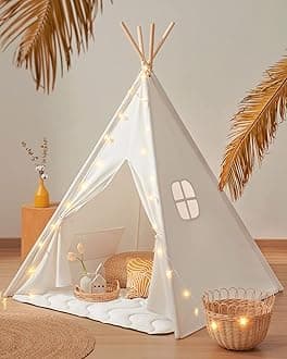 Teepee Tent for Kids – 100% Cotton Play Tent with Padded Mat & Star Lights, Foldable with Carry Bag, Indoor Play Tent for Girls & Boys