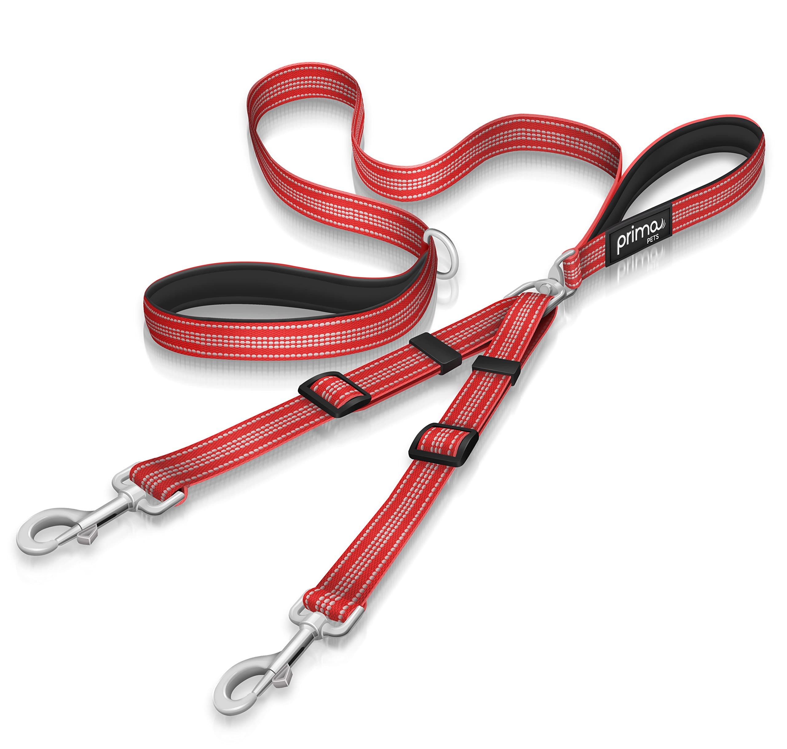 Prima Pet Premium Reflective Double Dog Leash - Adjustable Coupler - 2 Padded Handles- Great for Walking 2 Dogs/Dual Dogs - Tangle Free (Large - 1" Width, 4 Feet RED)