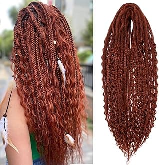 Leeven 30 Strands Double Ended Dreadlock Extensions 24 Inch Thin Synthetic Boho Dreads Copper Red 3 Style Mixed Full Set Wool DE Wavy Curly Hippie Dreads Braid in Soft Viking Dread for Women Men