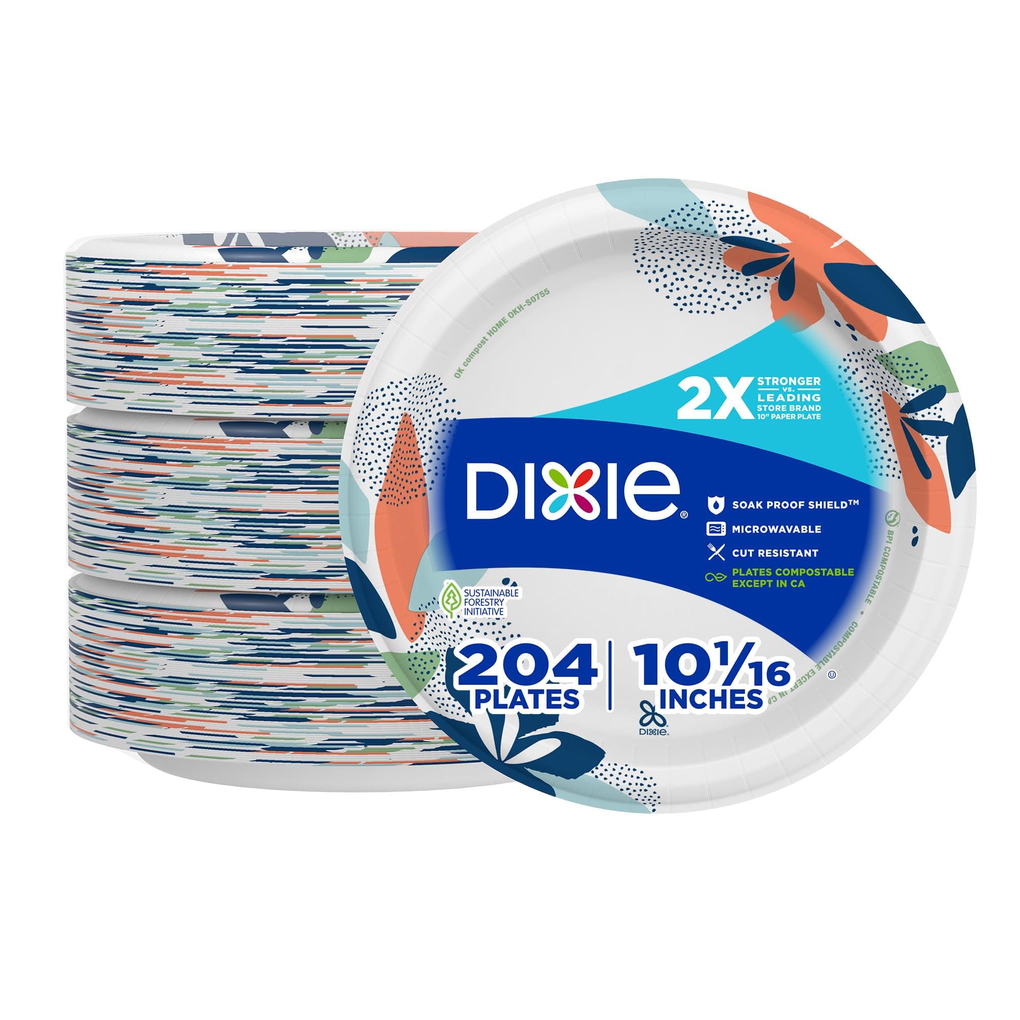 Dixie 10 Inch Paper Plates, Dinner Size Printed Disposable Plate, 204 Count (3 Packs of 68 Plates)