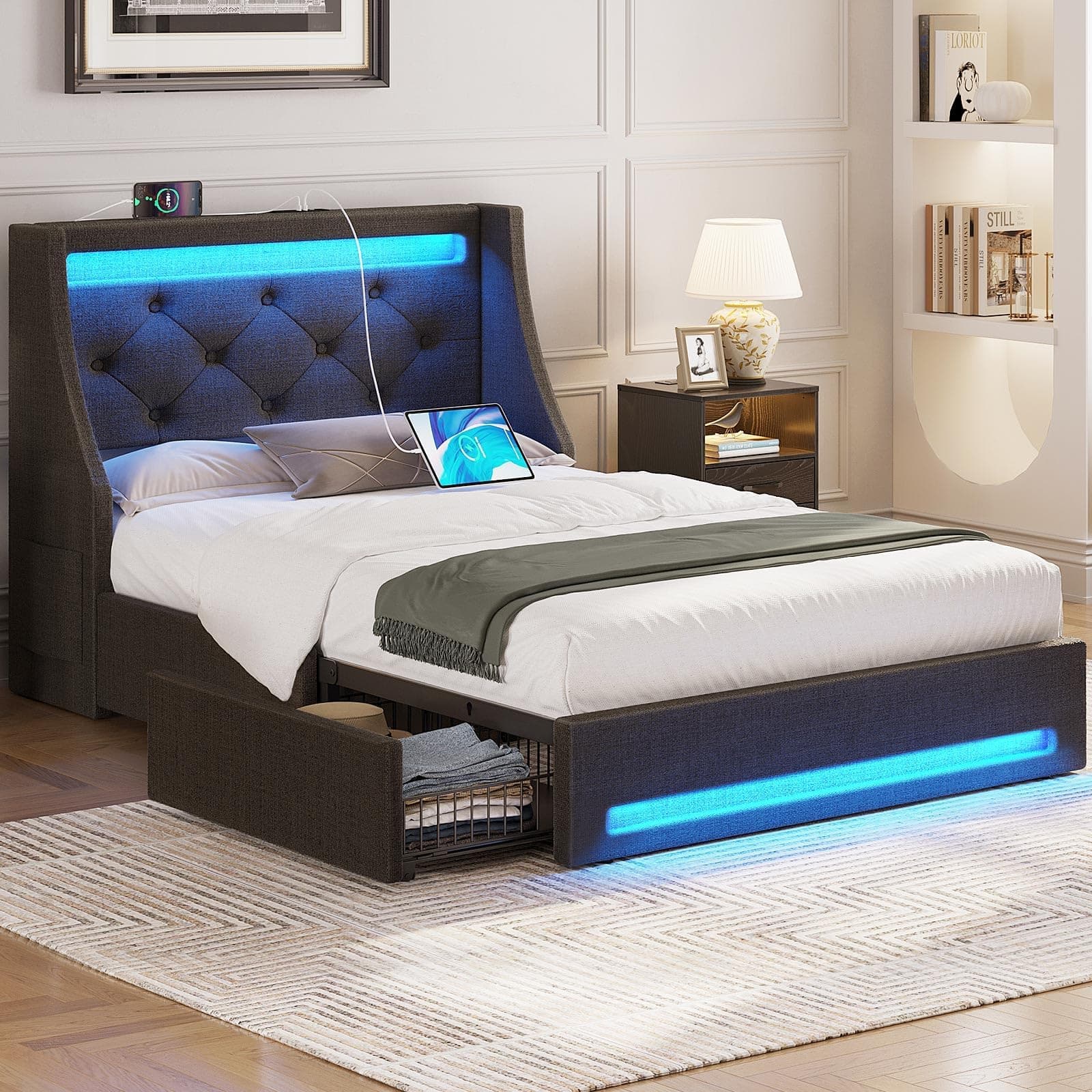 Twin Bed Frame with LED Lights and Charging Station, Upholstered Bed with Drawers, Wooden Slats, Noise Free, Easy Assembly, Dark Gray