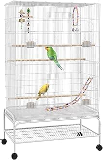 PawHut Large Bird Cage Budgie Cage with Stand, Toys, Wheels, Accessories, Storage Shelf for Canaries, Finches, Lovebirds, Parakeets - White, 79 x 49 x 133 cm