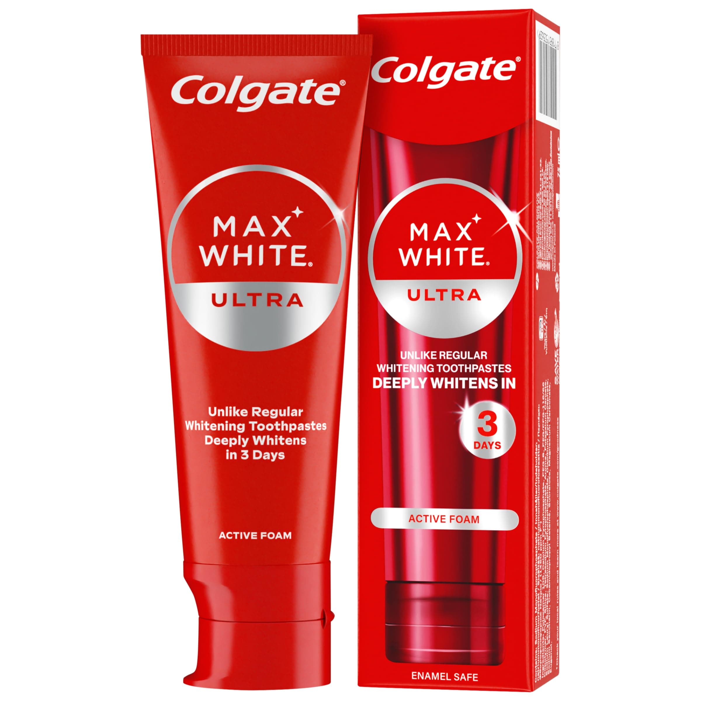 Colgate Max White Ultra Active Foam Teeth Whitening Toothpaste 75ml | whiter teeth in 3 days* | enamel safe for daily use | removes deep stains* | fluoride whitening toothpaste | clinically proven