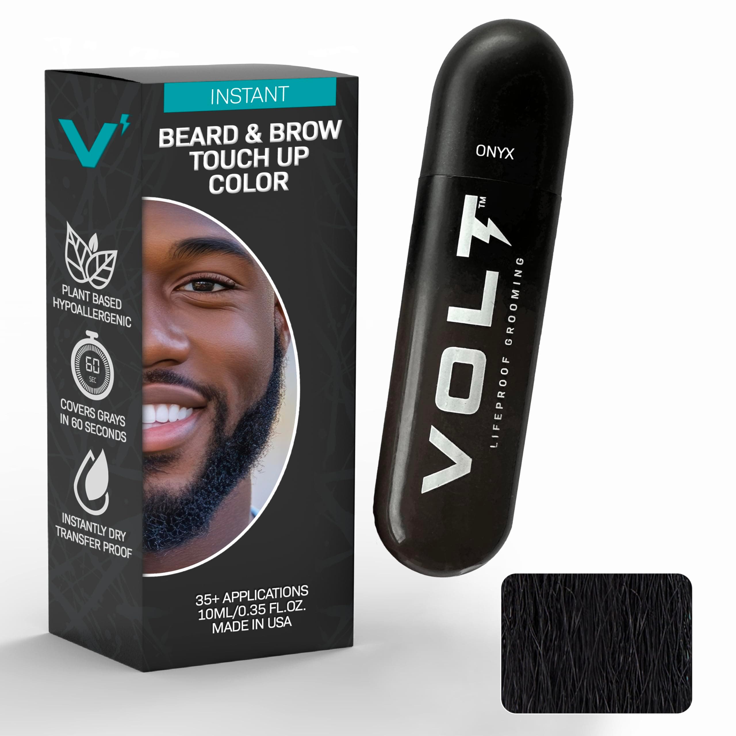 VOLT Grooming Instant Beard Color Single Pack - Quick Drying Plant Based Hypoallergenic Brush on Color for Beards, Mustaches, and Eyebrows - 0.35 Fl Oz (10 ml), Onyx (Black)