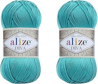 Alize Diva Yarn Hand Knitting Yarn 100% Microfiber Acrylic Yarn Alize Diva Silk Effect Thread Crochet Art Lace Craft Lot of 2 skeins 200gr 767 yds (376-Cyan)
