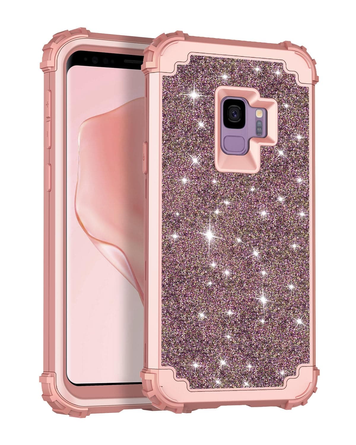CasetegoCompatible with Galaxy S9 Case,Shockproof 3 Layer Heavy Duty Hard PC+Soft Silicone Bumper Rugged Anti-Slip Protective Cover Cases for Samsung Galaxy S9,Shiny Rose Gold