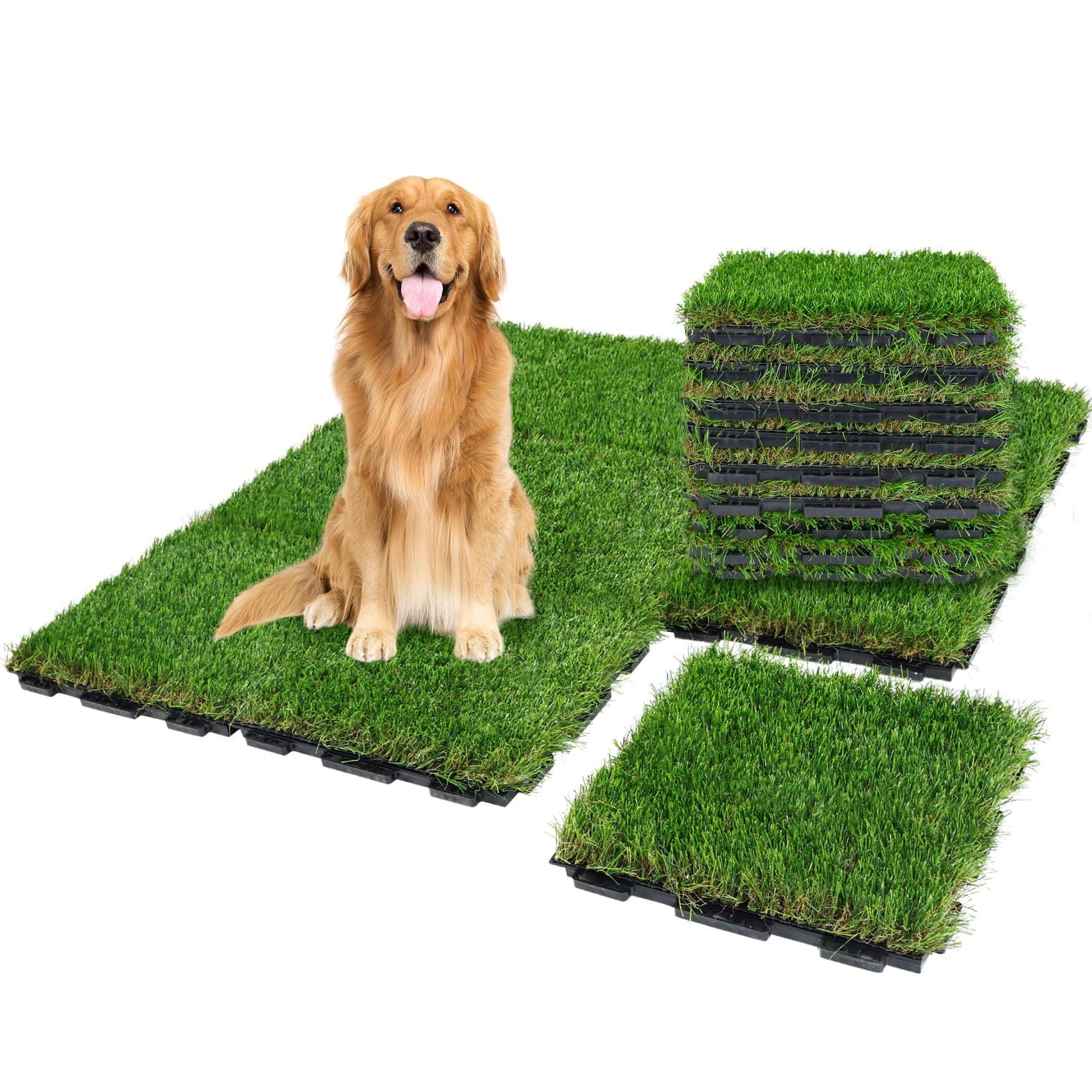 XLX TURF Interlocking Artificial Grass Square Tiles, Fake Grass Pad for Dogs Potty Training Indoor Outdoor Patio Balcony, 12x12 Inch, 9 Pack
