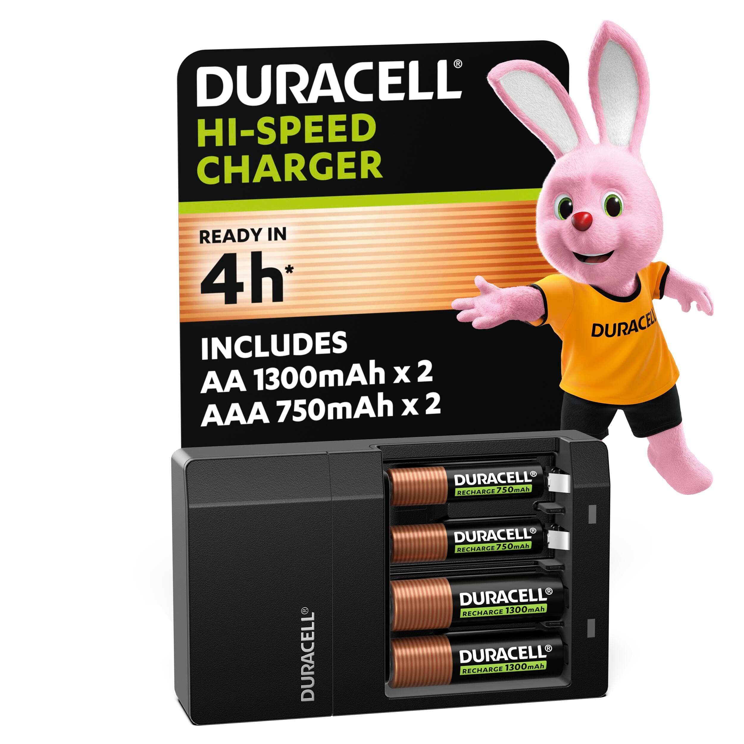DURACELL Hi-Speed Battery Charger, 4 hours, Compatible with AA and AAA NiMh Batteries, 2x AA 1300mAh and 2x AAA 750 mAh, Rechargeable Batteries Included