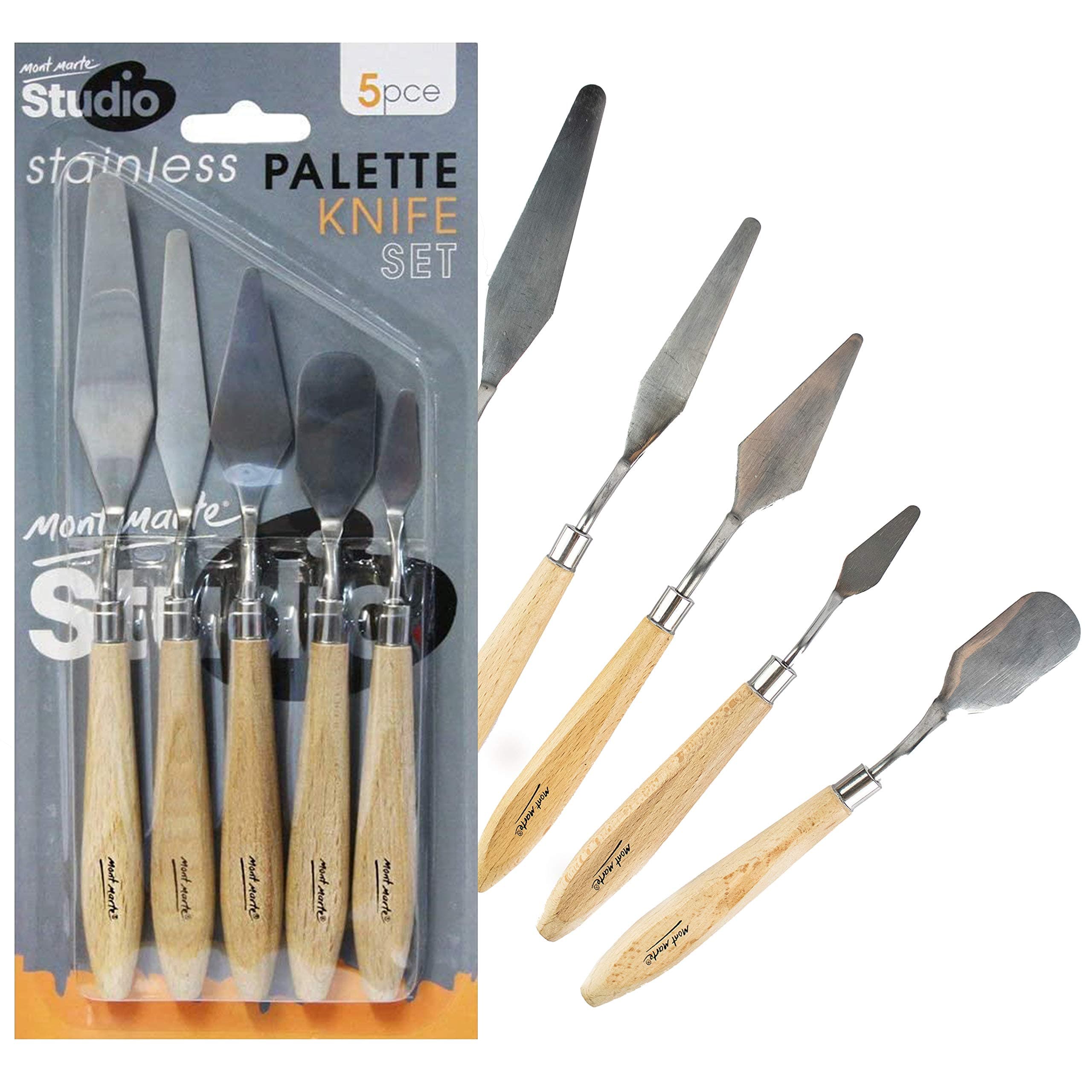 Mont Marte Studio Palette Knife Set, 5 Piece. Selection of Different Sizes and Styles of Stainless Steel Palette Knives.