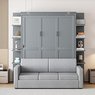 P PURLOVE Queen Size Murphy Bed with Sofa, Wall Bed with Wood Slat Support, Space-Saving Folding, No Box Spring Needed, Easy Assembly, Gray