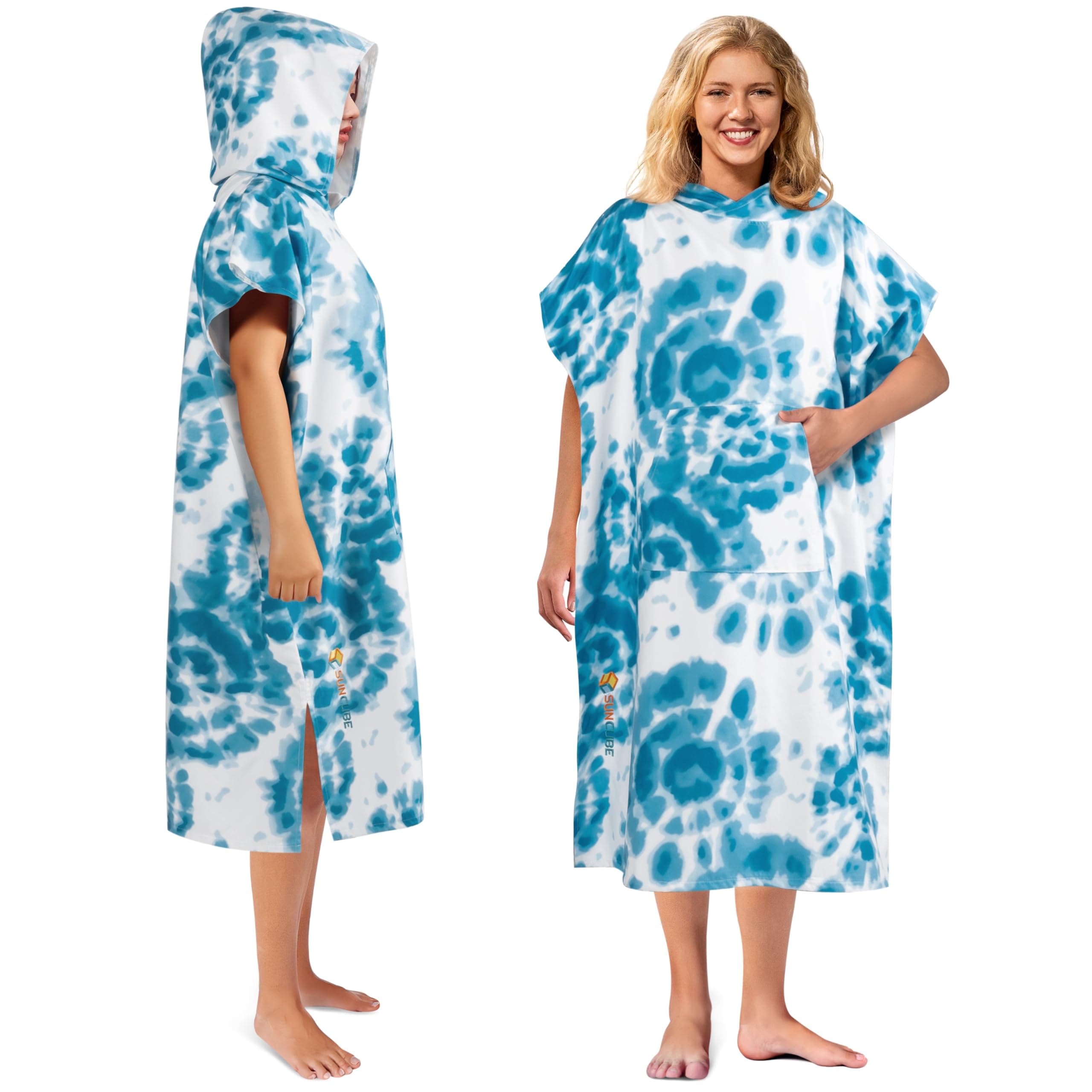 SUN CUBE Surf Poncho Changing Robe with Hood, Quick Dry Microfiber Wetsuit Changing Towel for Surfing Beach Swim Outdoor Sports Men, Absorbent Wearable Towel Cover Up with Pocket, Tie-Dye Blue