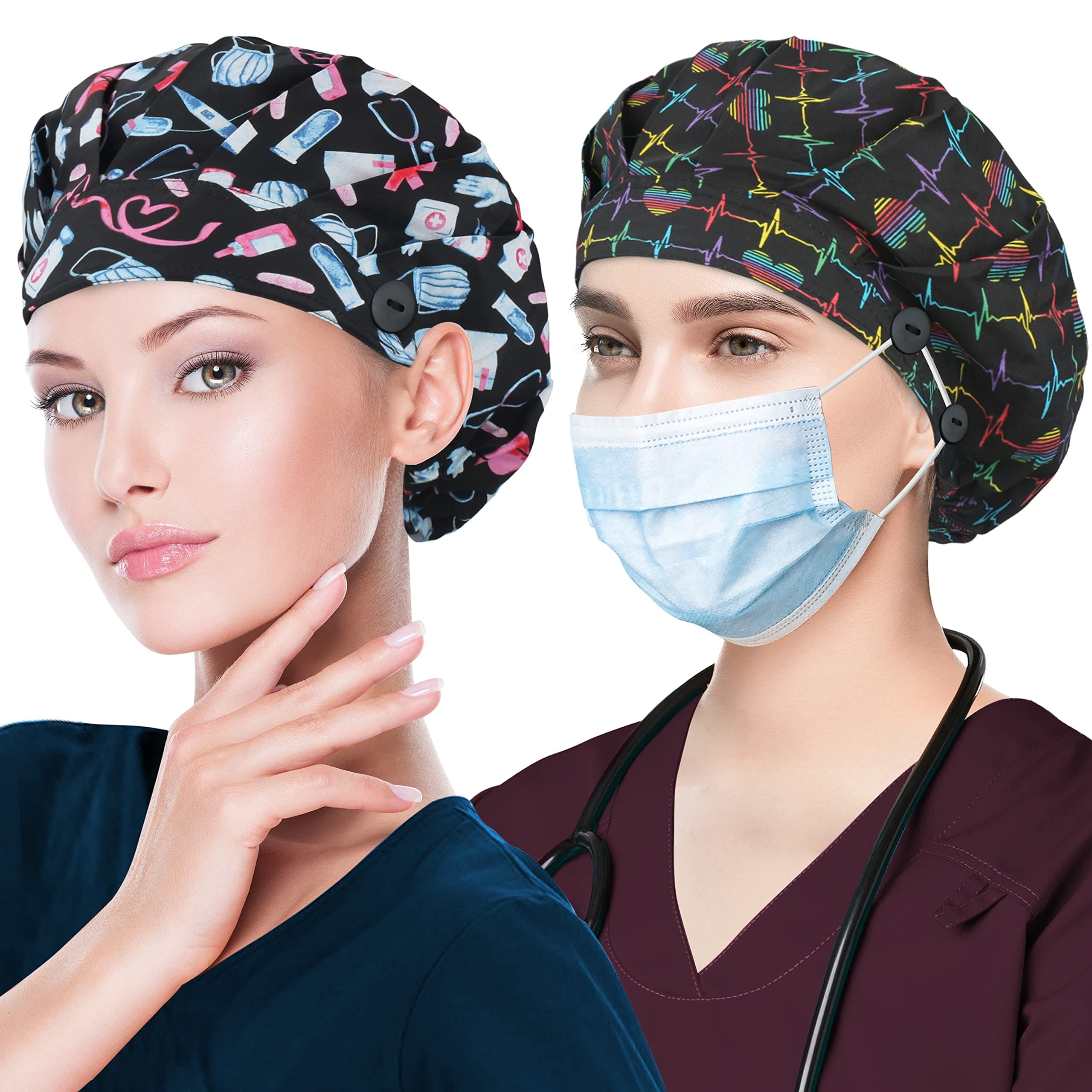 2 Pack Bouffant Caps with Button and Sweatband, Adjustable Scrub Caps for Women Men, One Size Multi Color