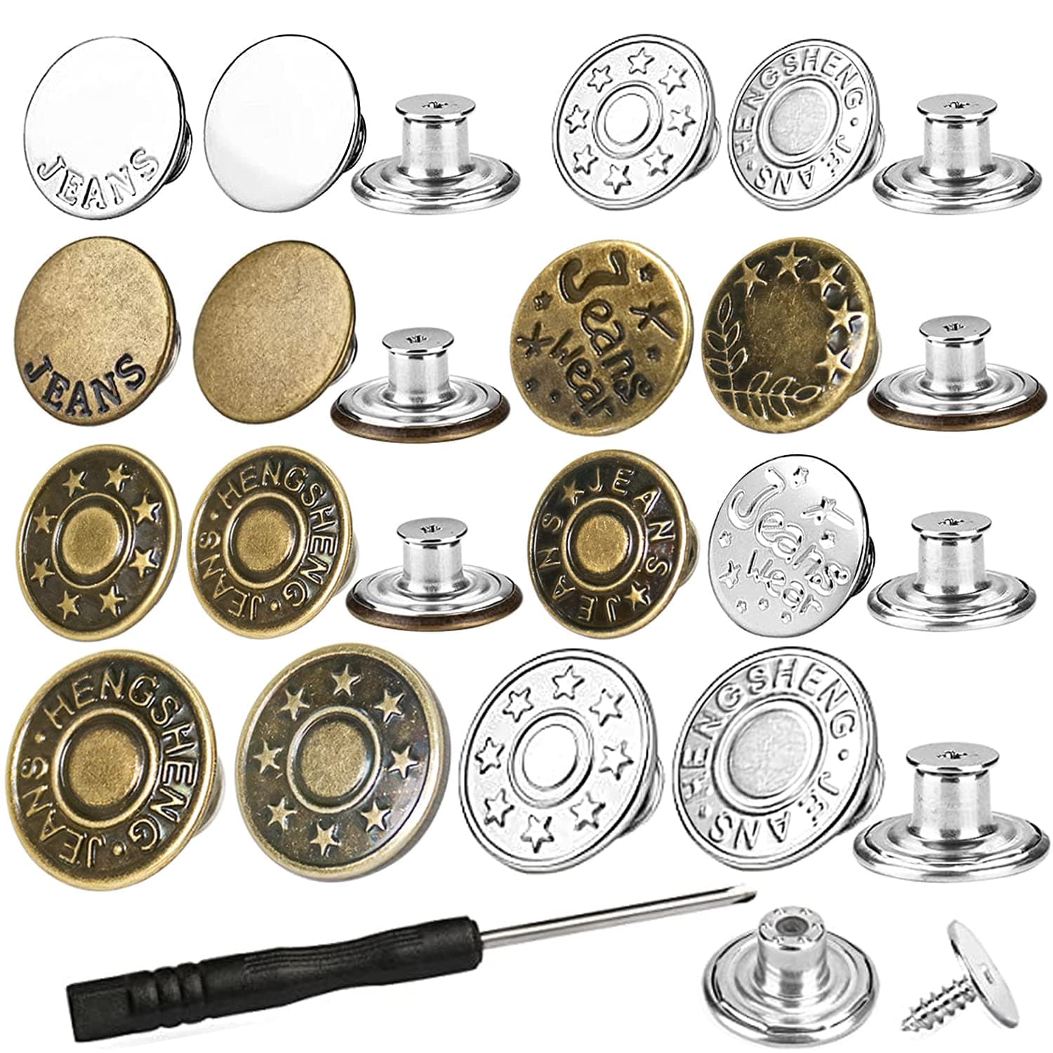 32 Sets Jeans Buttons Replacement, 17 mm and 20 mm No-Sew Removable Metal Buttons Replacement Repair Combo Thread Rivets and Screwdrivers in Storage Box, Women and Men's Jeans Clothing Supplies