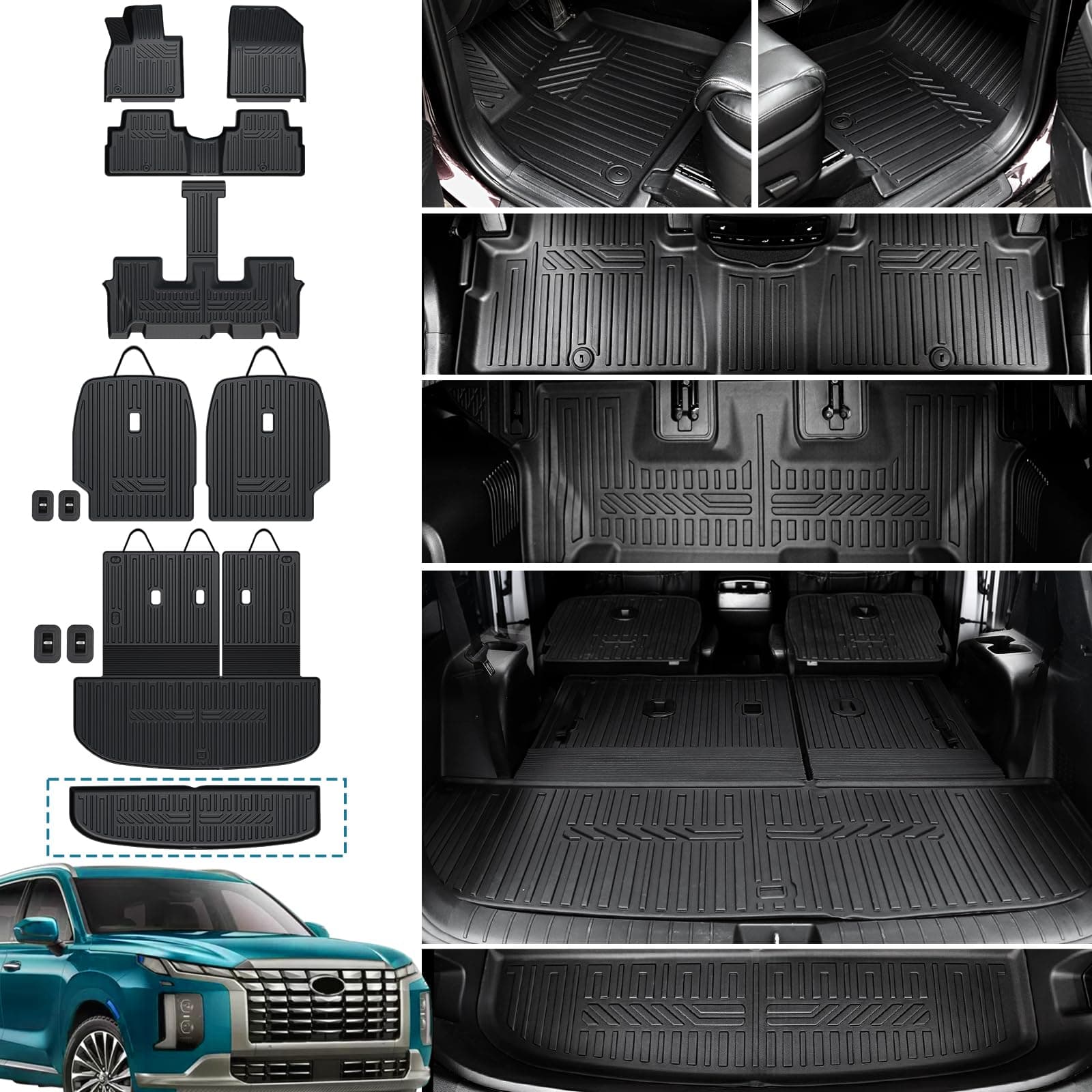 Cargo Mat with Backrest Mats Trunk Lower Mat Floor Mats Set for 2020-2024 Hyundai Palisade Accessories, All-Weather TPE Protector Cargo Liner for Hyundai Palisade Accessories