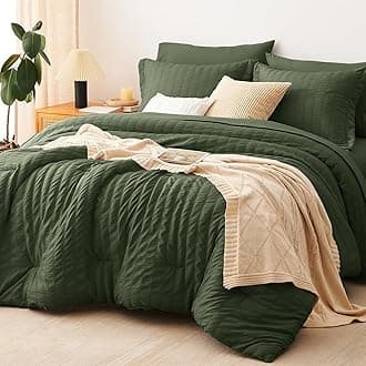 CozyLux Full Size Comforter Sets with Sheets 7 Pieces, Olive Green Seersucker Bed in a Bag Textured Luxury Soft Bedding Sets with Down Alternative Comforter, Sheets, Pillowcases & Shams for All Season